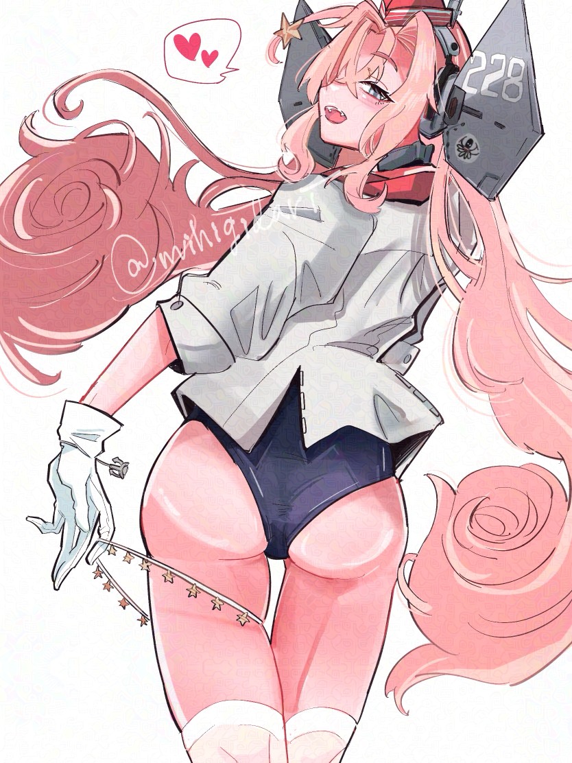 mihigidari, drum (kancolle), kantai collection, 1girl, black one-piece swimsuit, competition swimsuit, from behind, garrison cap, gloves, groin, hat, headgear, jacket, kneehighs, long hair, military hat, one-piece swimsuit, open mouth, pink hair, pink hat, purple eyes, socks, solo, swimsuit, twintails, white gloves, white jacket, white socks