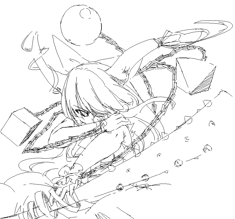 sakuraba yuuki, ibuki suika, touhou, 1girl, chain, covered mouth, cuffs, female focus, fighting, greyscale, horns, looking at viewer, monochrome, oekaki, one eye covered, oni, shackles, simple background, solo, upper body, white background