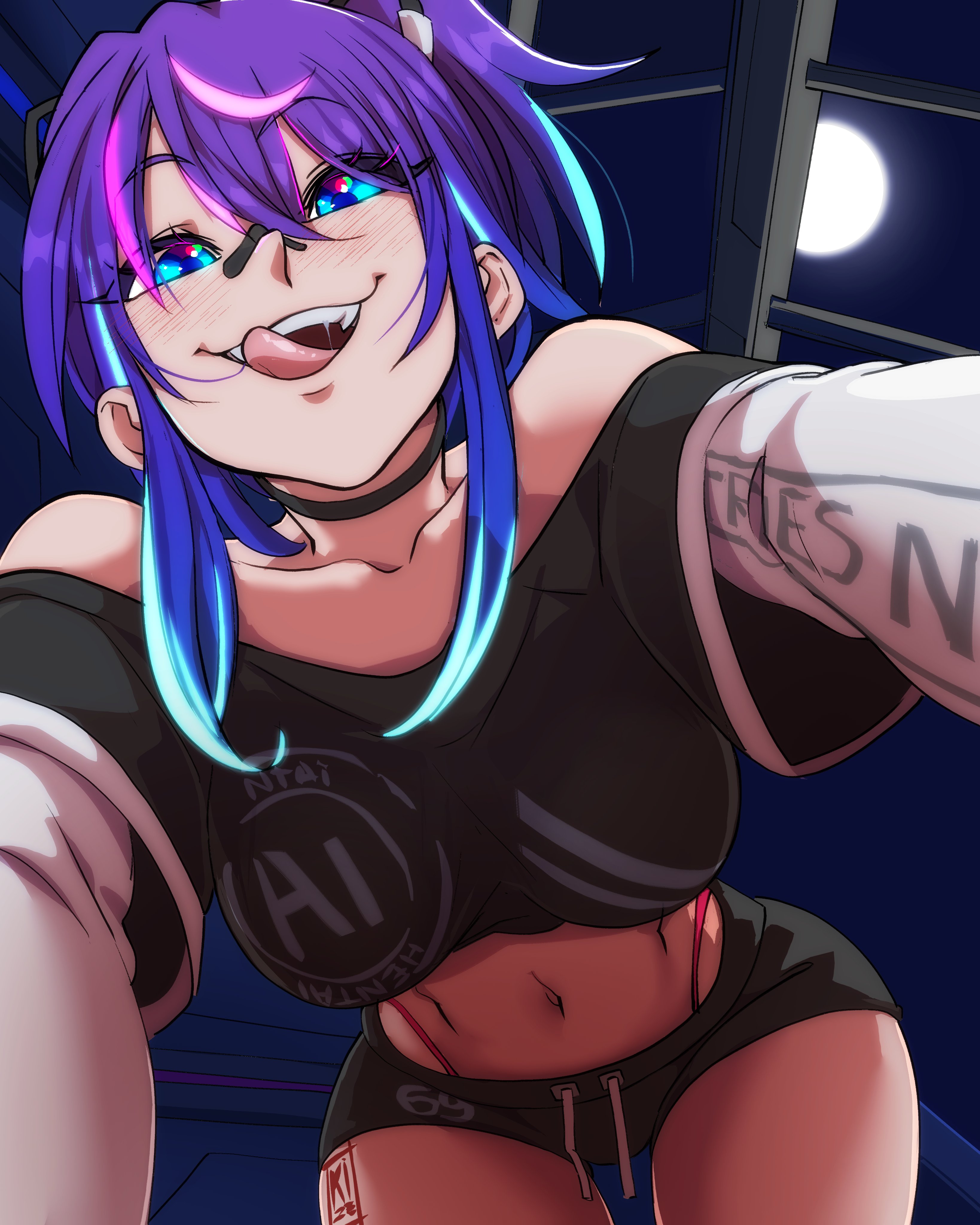 nisego, melody (projektmelody), indie virtual youtuber, vshojo, absurdres, highres, 1girl, bandage on face, bandages, bandaid, bandaid on face, bandaid on nose, blue eyes, blue hair, blush, breasts, choker, crop top, from below, hair ornament, licking lips, looking at viewer, medium breasts, moon, multicolored hair, navel, neon palette, panty straps, pinned, ponytail, purple hair, shorts, smile, streaked hair, tongue, tongue out, triangle hair ornament, virtual youtuber