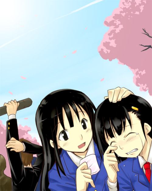 sakumo, sakumo (karatama), original, 1boy, 2girls, arms up, black hair, blazer, blush, cherry blossoms, closed eyes, crying, graduation, jacket, long hair, long sleeves, multiple girls, necktie, red necktie, spring (season), tears, upper body, very long hair