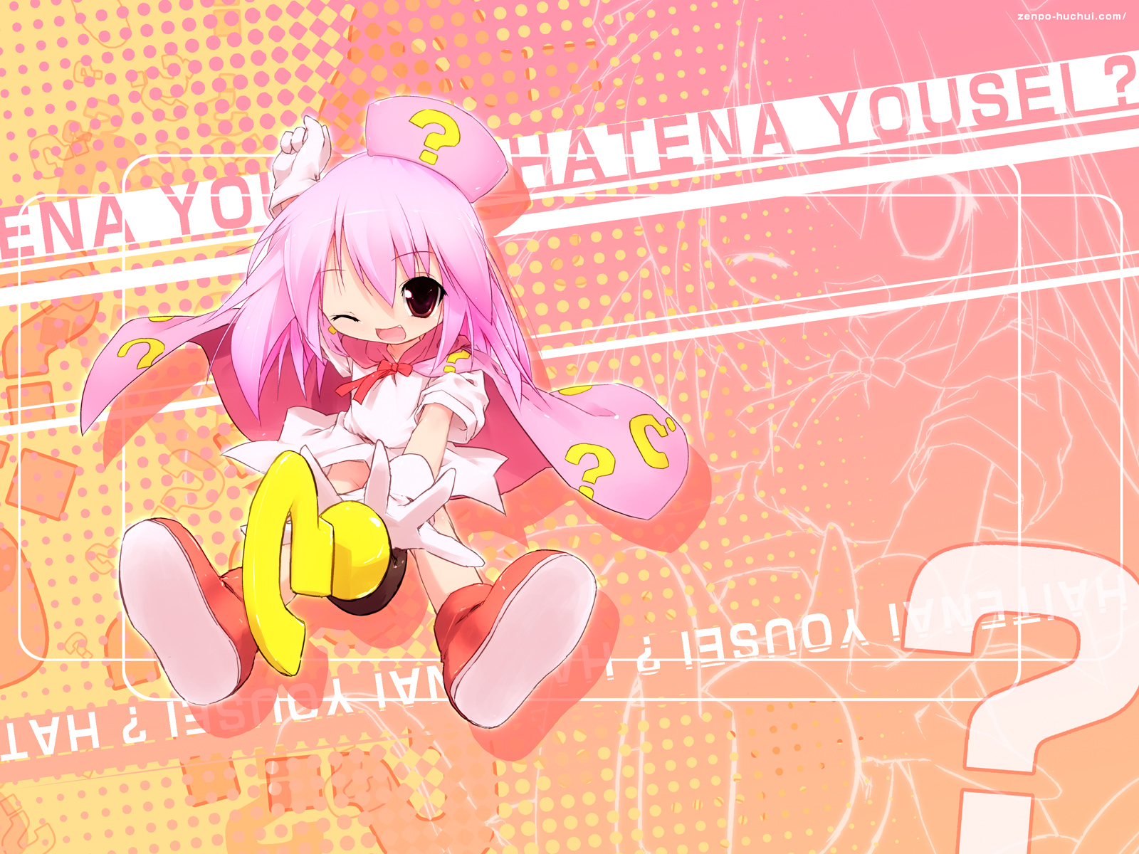 kuroba u, hatena yousei, benesse, highres, 1girl, female focus, hat, one eye closed, pink hair, pink hat, solo, wink