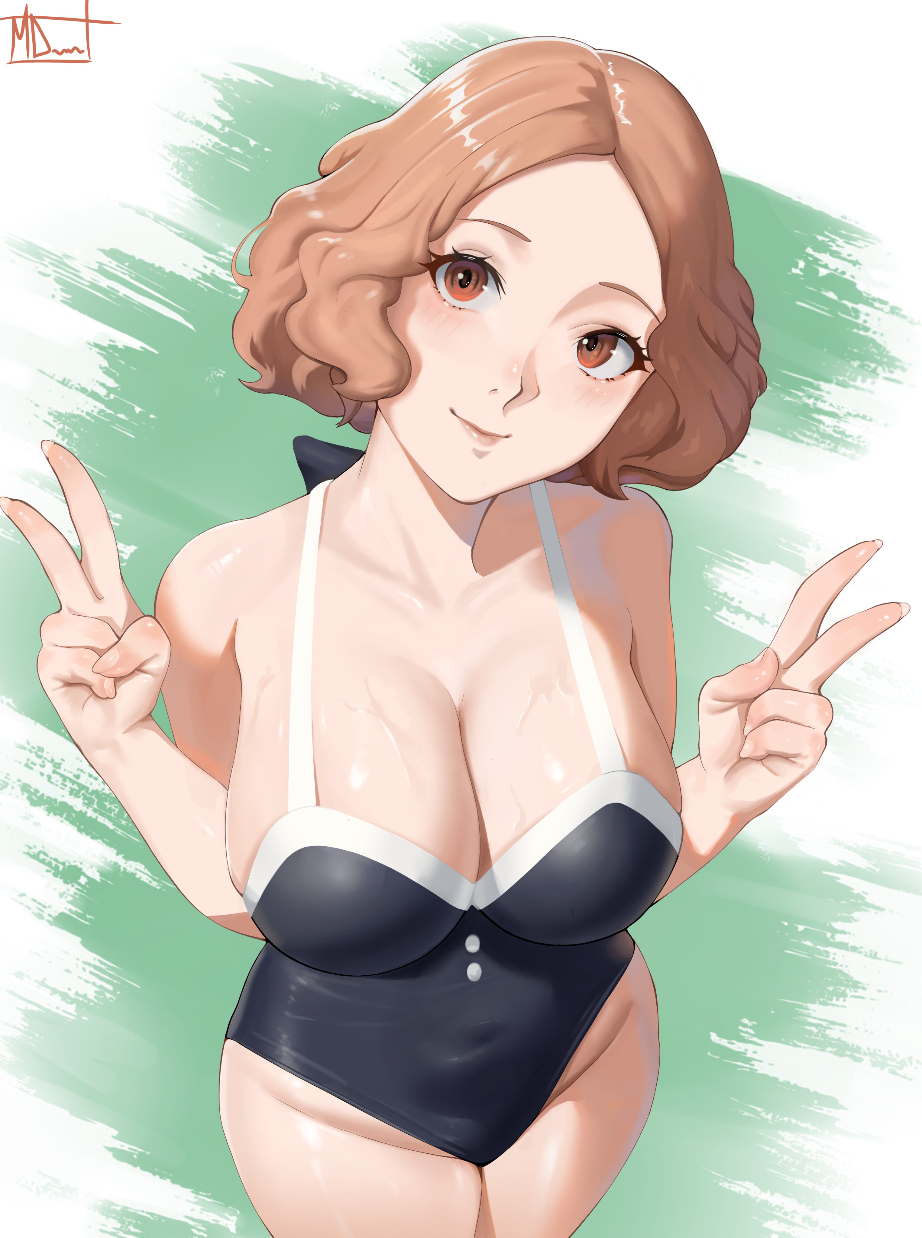 magdalenus27, okumura haru, persona, persona 5, absurdres, highres, 1girl, bare shoulders, black one-piece swimsuit, blush, breasts, brown eyes, brown hair, casual one-piece swimsuit, cleavage, closed mouth, collarbone, covered navel, double v, large breasts, looking at viewer, off-shoulder one-piece swimsuit, off shoulder, official alternate costume, one-piece swimsuit, short hair, smile, solo, swimsuit, v, wet
