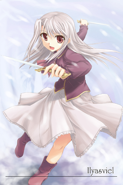 kusakami akira, illyasviel von einzbern, fate/stay night, fate (series), silver hair, 00s, 1girl, boots, dagger, dual wielding, female focus, holding, knife, long hair, purple boots, red eyes, solo, weapon