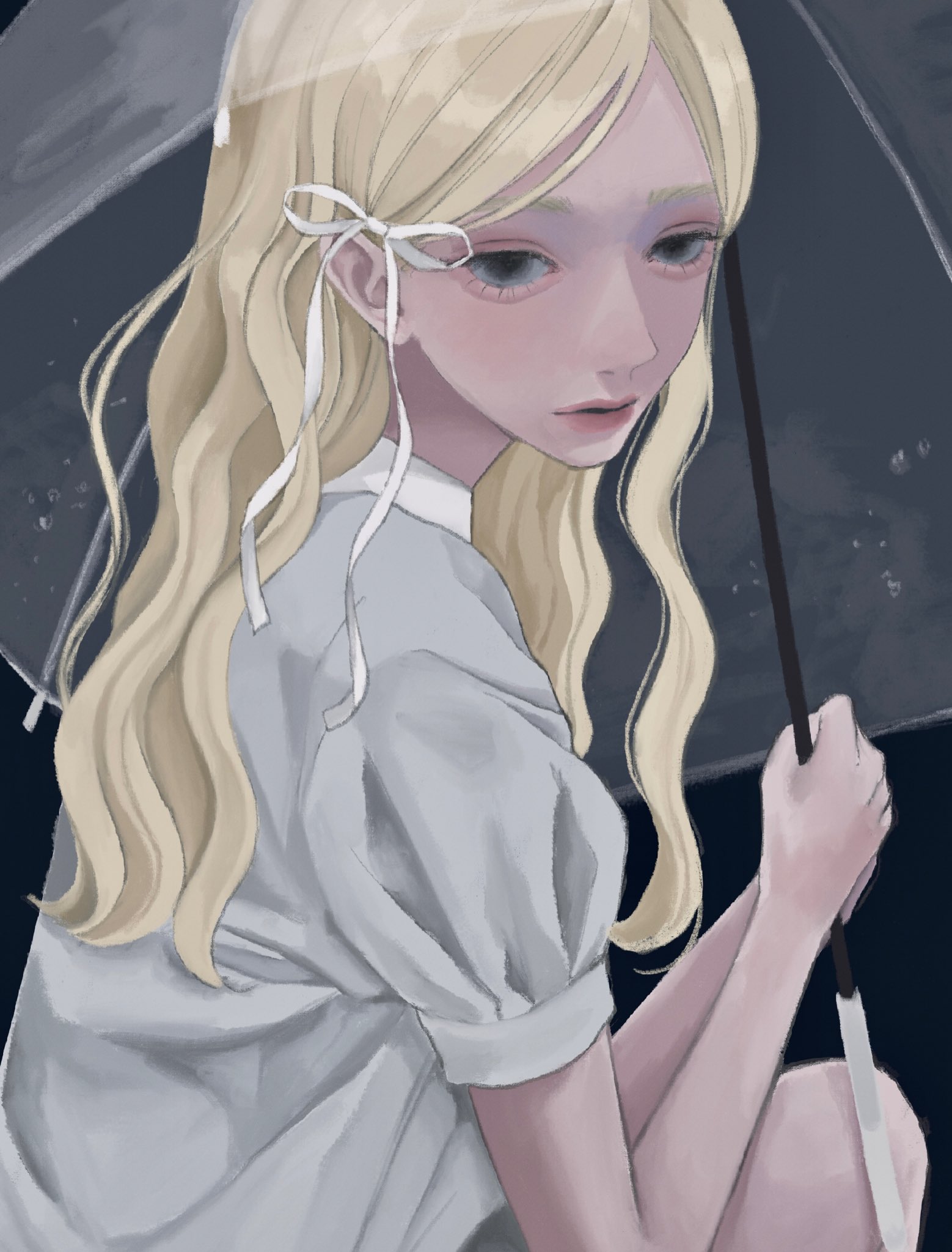 original, highres, 1girl, blonde hair, blue eyes, closed mouth, holding, holding umbrella, long hair, makeup, reeere22, ribbon, solo, squatting, umbrella, white ribbon