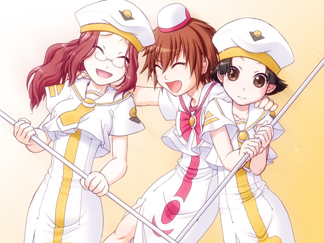 caryo, takeda yukimura, atora monteverdi, ayumi k jasmine, yumeno anzu, aria (manga), extra, uniform, 00s, 3girls, ^ ^, beret, black hair, blouse, brown hair, closed eyes, flipped hair, hat, hug, laughing, multiple girls, oar, ponytail, sailor collar, shirt, short hair, short sleeves, side slit, smile, white shirt