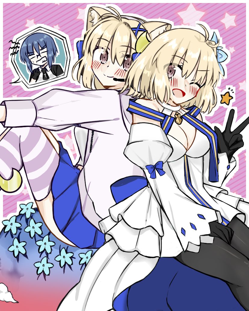 02surume, arcueid brunestud, arcueid brunestud (mooncancer), ciel-sensei (fate), ciel (tsukihime), phantas-moon, phantas-moon (second ascension), fate/grand order, fate (series), tsukihime, c.i.e.l (fate), 3girls, ahoge, bare shoulders, blonde hair, blue hair, blue ribbon, blue skirt, blush, breasts, cleavage, crescent, crescent hair ornament, crescent moon, detached sleeves, dress, dual persona, flower, glasses, gold trim, hair between eyes, hair flower, hair ornament, headphones, hood, hoodie, looking at viewer, moon, multiple girls, one eye closed, open clothes, open hoodie, pantyhose, pink hoodie, red eyes, ribbon, short hair, sitting, skirt, smile, thighhighs, v, white dress