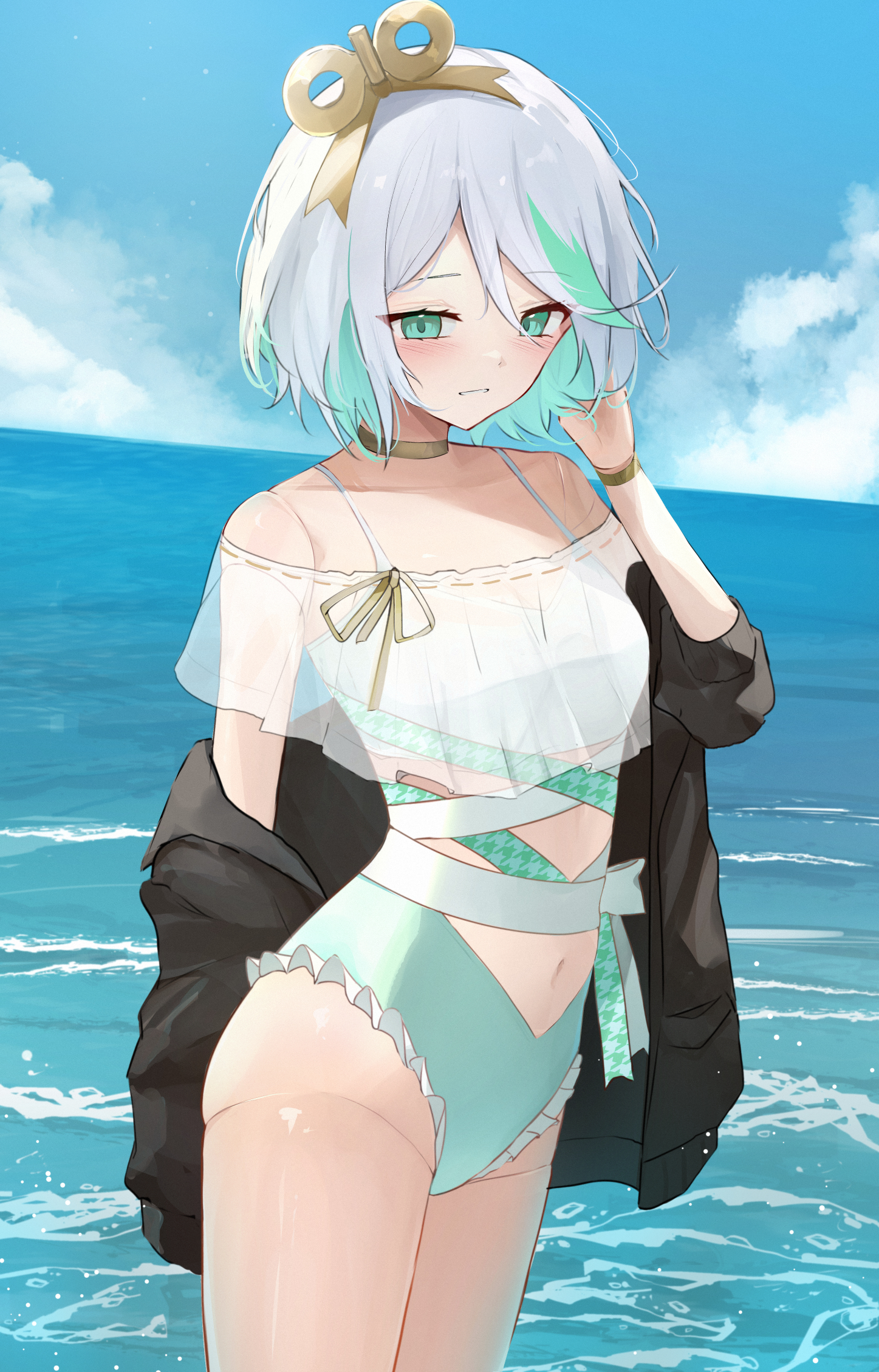 shuuzo3, cecilia immergreen, cecilia immergreen (holonatsu paradise), hololive, hololive english, commentary, highres, 1girl, black jacket, blue sky, casual one-piece swimsuit, clothing cutout, cloud, colored inner hair, cowboy shot, cropped shirt, day, doll, doll joints, double-parted bangs, frilled one-piece swimsuit, frills, green eyes, green hair, green one-piece swimsuit, grey hair, hair between eyes, hair ornament, hand up, highleg, highleg one-piece swimsuit, jacket, joints, looking at viewer, multicolored hair, navel, navel cutout, ocean, off shoulder, official alternate costume, one-piece swimsuit, outdoors, see-through clothes, see-through shirt, shirt, short hair, single sleeve past fingers, sky, solo, streaked hair, swimsuit, virtual youtuber, white shirt, winding key