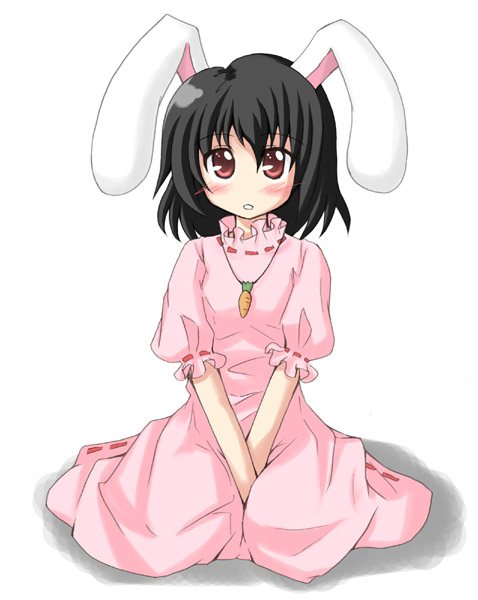 iseki mitsuharu, inaba tewi, touhou, 1girl, animal ears, blush, carrot necklace, dress, female focus, full body, jewelry, looking at viewer, necklace, pink dress, puffy short sleeves, puffy sleeves, rabbit ears, short sleeves, simple background, sitting, solo, wariza, white background