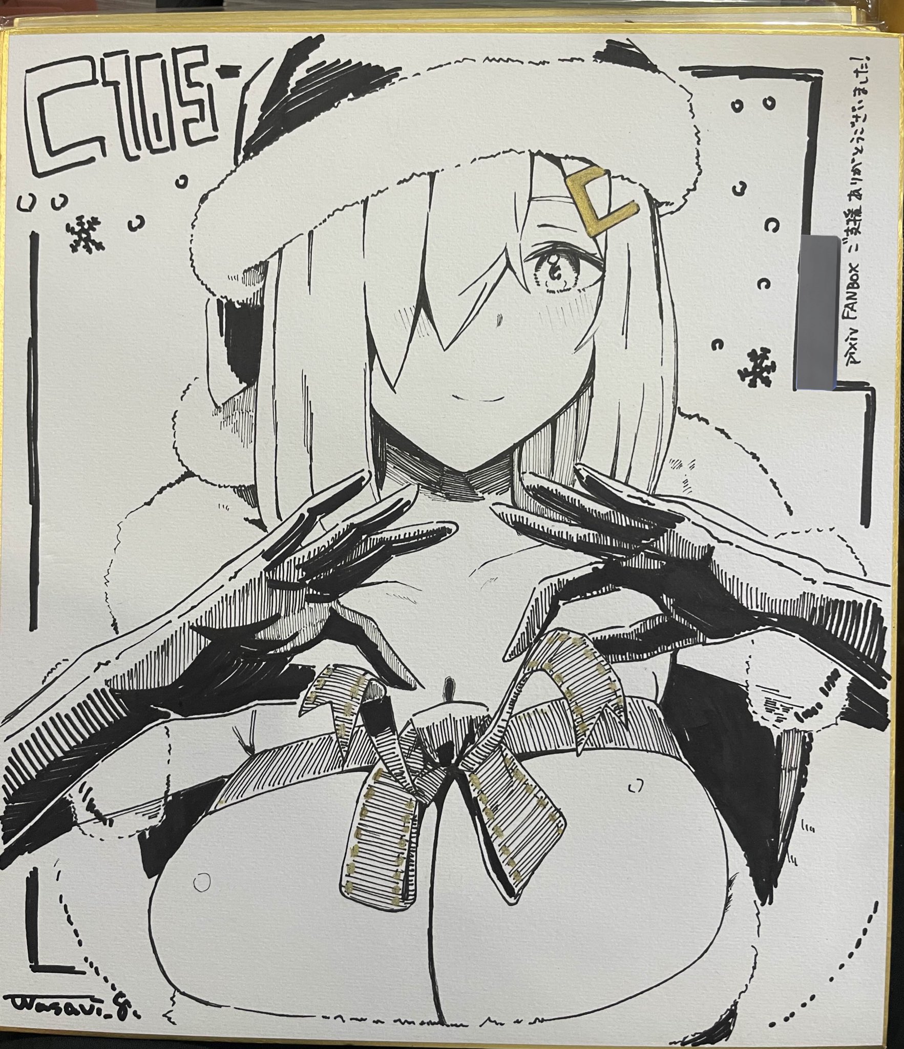 wasavi 8, hamakaze (kancolle), comiket 105, kantai collection, highres, traditional media, 1girl, black gloves, breasts, cleavage, gloves, hair ornament, hairpin, hat, hat over one eye, large breasts, long hair, looking at viewer, medium hair, monochrome, santa costume, santa hat, shikishi, smile, solo