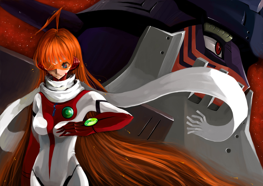 rain epithet, shoumei ame, buster machine 7, dix-neuf, nono (top wo nerae 2!), top wo nerae! (series), top wo nerae 2!, + +, 00s, 1girl, ahoge, blue eyes, bodysuit, breasts, cross-shaped pupils, epic, long hair, mecha, orange hair, red eyes, robot, scarf, sunglasses, super robot, symbol-shaped pupils, very long hair