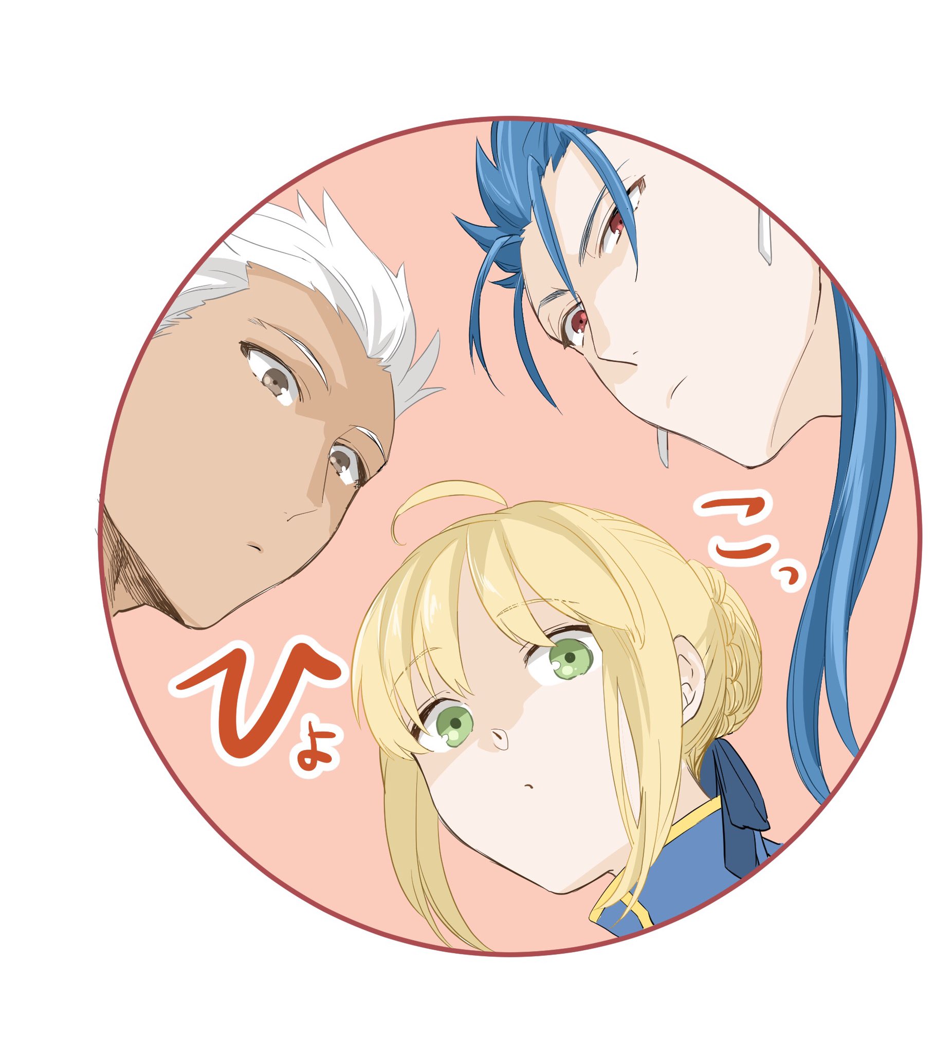 kkk irino, archer (fate), artoria pendragon (fate), cu chulainn (fate), saber (fate), fate/stay night, fate (series), commentary request, highres, 1girl, 2boys, :/, ahoge, blonde hair, blue hair, brown eyes, bun with braided base, cu chulainn (lancer) (fate), dark-skinned male, dark skin, earrings, green eyes, hair bun, jewelry, multiple boys, ponytail, red eyes, single hair bun, white hair