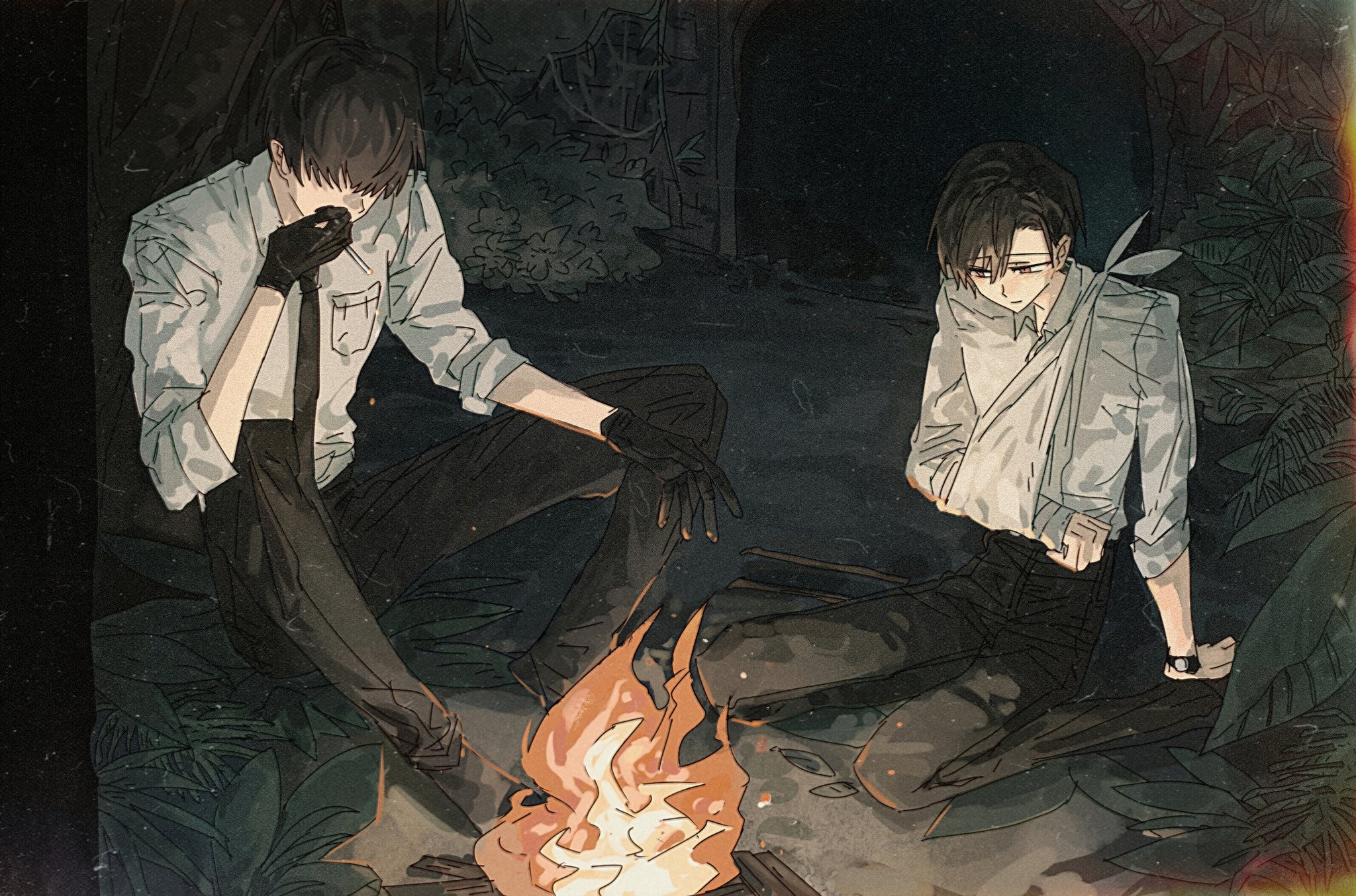 oosaki (ooe), ooe (game), highres, 2boys, ariake (ooe), black gloves, black hair, black necktie, black pants, campfire, cigarette, collared shirt, fire, gloves, male focus, multiple boys, nature, necktie, night, outdoors, pants, shirt, short hair, sitting, sleeves rolled up, watch, white shirt, wristwatch, yigemoming2333