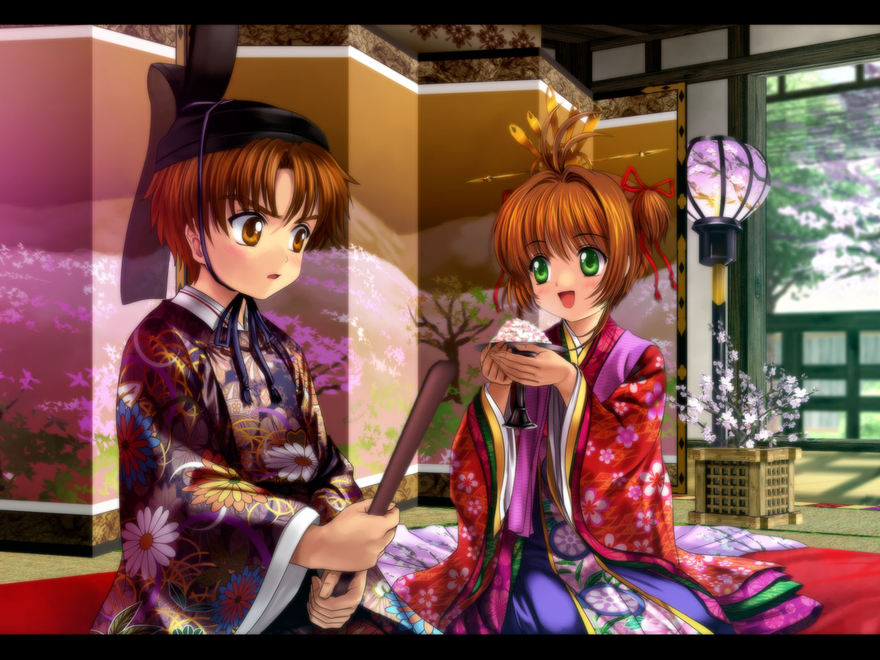 mutsuki (moonknives), kinomoto sakura, li syaoran, cardcaptor sakura, 1990s (style), 1boy, 1girl, blush, brown eyes, brown hair, cherry blossoms, child, colorful, green eyes, hat, indoors, japanese clothes, juunihitoe, kimono, looking at another, retro artstyle, spring (season), stick