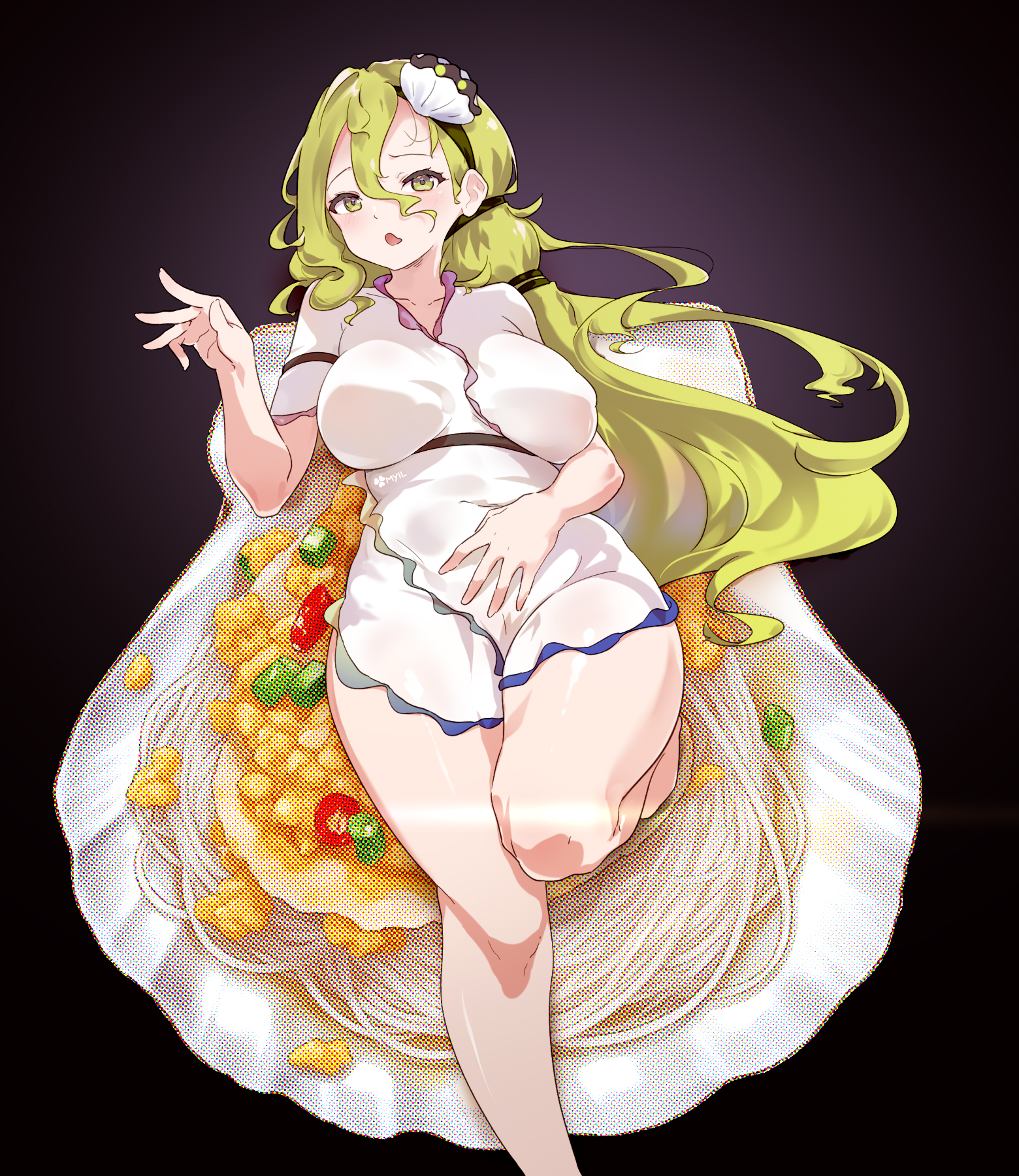 fairyfloss, watari nina, fossilized wonders, touhou, highres, 1girl, bare shoulders, blonde hair, breasts, dress, food, large breasts, long hair, looking at viewer, shell, shell hair ornament, solo, thighs, white dress, yellow eyes