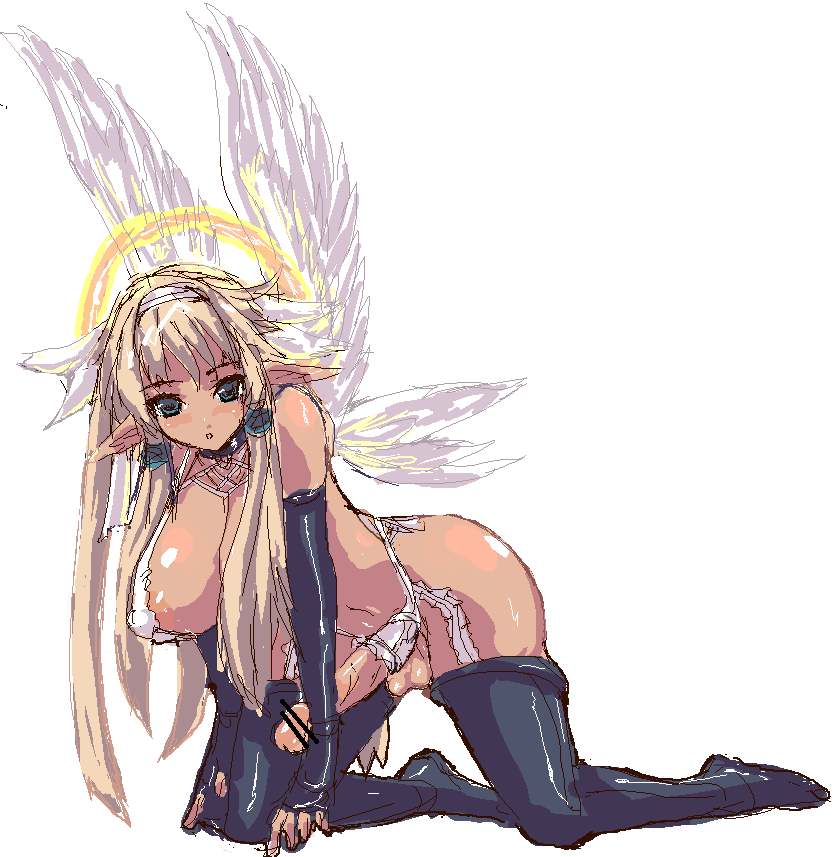 ubanis, 1futa, angel, angel wings, blonde hair, blue eyes, breasts, elf, futanari, garter belt, halo, huge breasts, lingerie, long hair, penis, pointy ears, solo, thighhighs, underwear, wings
