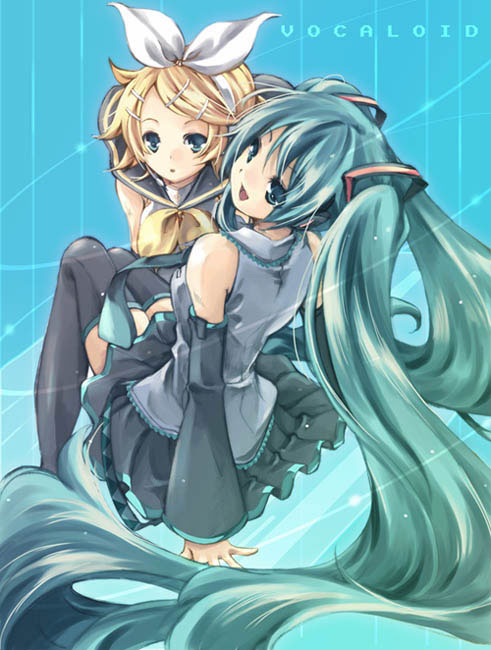 maki chitose, hatsune miku, kagamine rin, vocaloid, 2girls, aqua eyes, aqua hair, blonde hair, blue eyes, detached sleeves, dress, hair ornament, hair ribbon, long hair, multiple girls, open mouth, ribbon, short hair, sitting, skirt, smile, thighhighs, twintails, very long hair