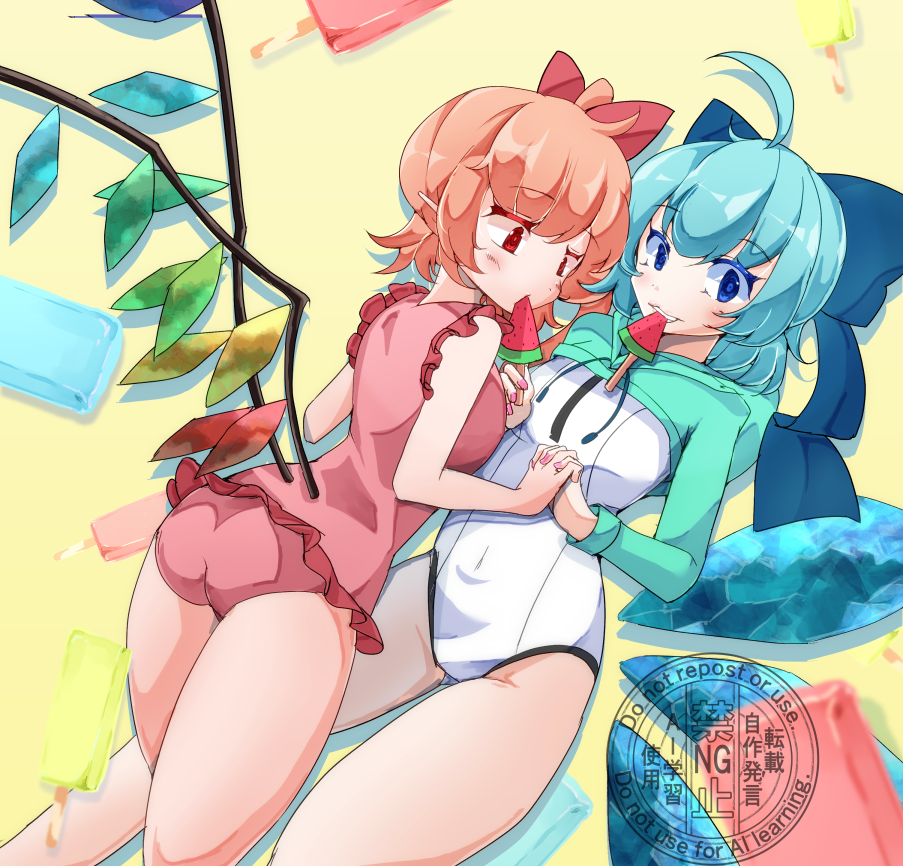 jyaoh0731, cirno, flandre scarlet, touhou, ass, blonde hair, blue bow, blue hair, bow, breasts, crystal, food, frilled one-piece swimsuit, frills, fruit, looking at viewer, one-piece swimsuit, red bow, red eyes, red one-piece swimsuit, short hair, side ponytail, small breasts, swimsuit, watermelon, watermelon slice, white one-piece swimsuit
