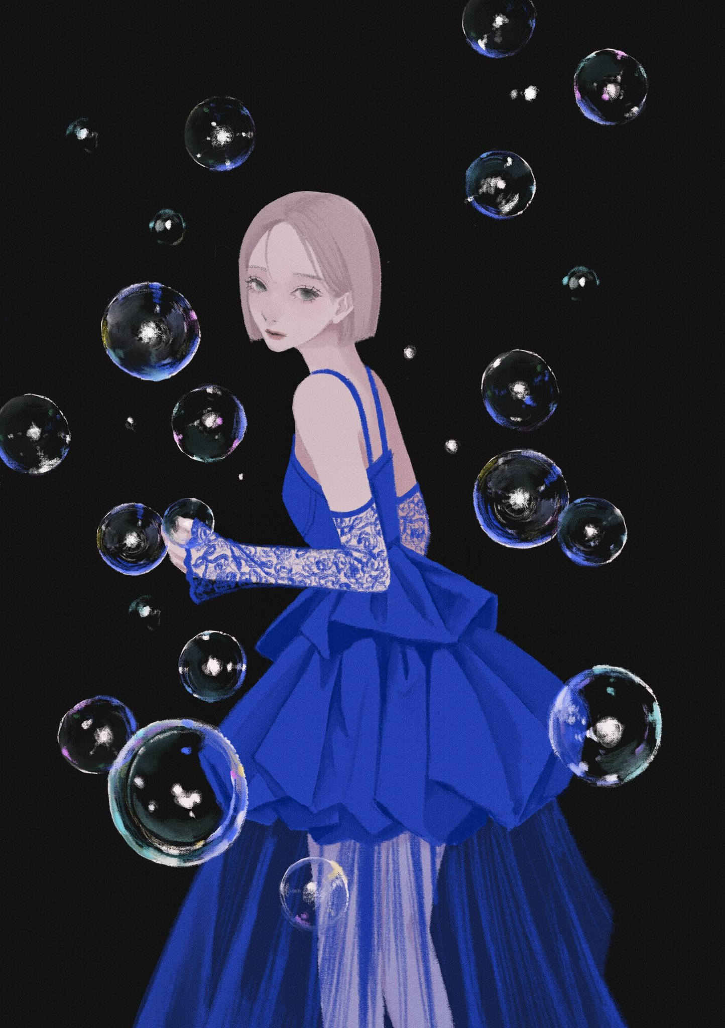 original, highres, 1girl, black background, blonde hair, blue dress, blue eyes, bob cut, bubble, dress, looking at viewer, reeere22, solo, standing