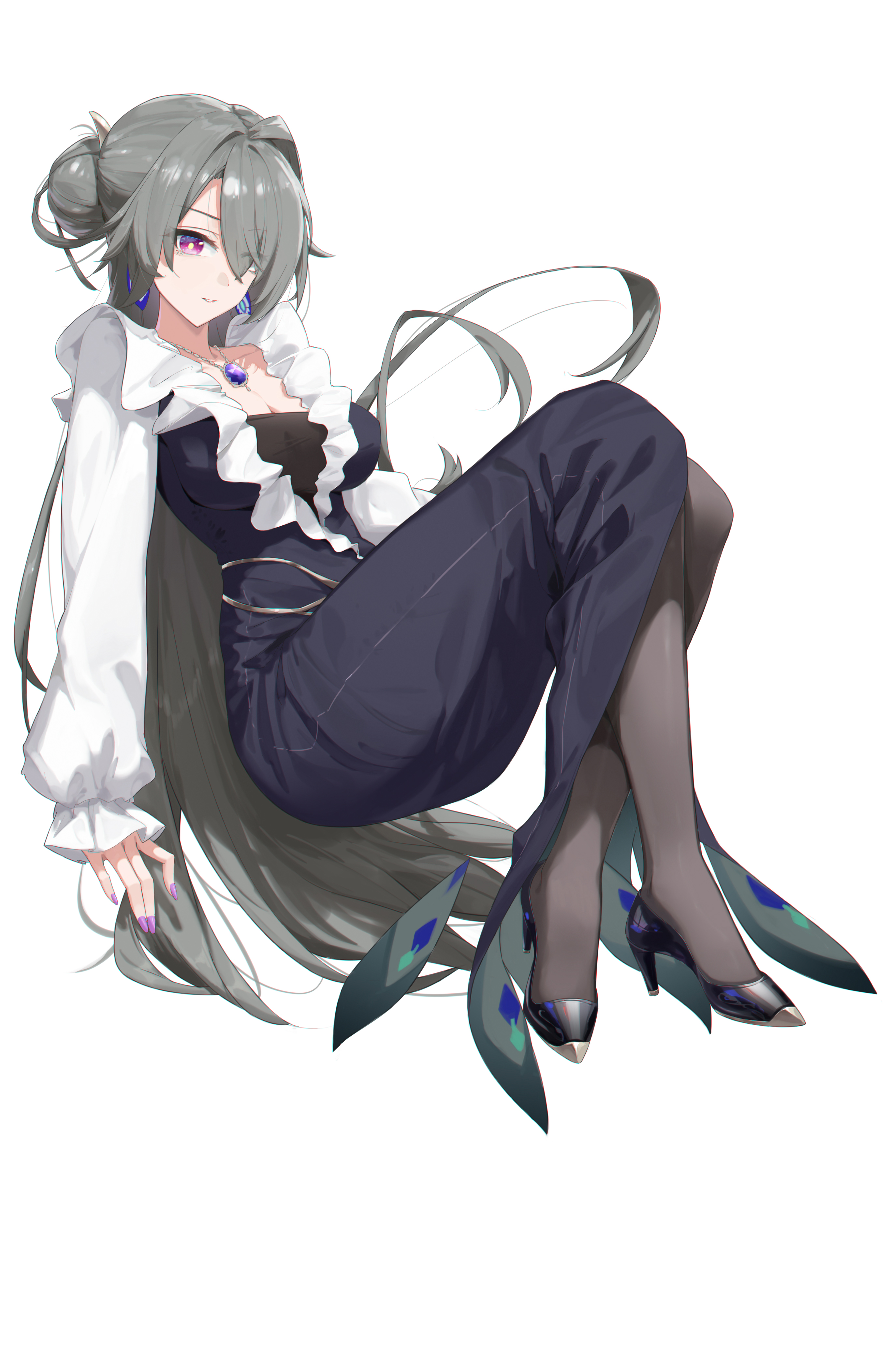 lilin (pixiv 25958194), vita (honkai impact), honkai (series), honkai impact 3rd, absurdres, commentary, highres, 1girl, alternate costume, black dress, black pantyhose, black shoes, breasts, cleavage, collarbone, dress, earrings, eyes visible through hair, fingernails, full body, grey hair, hair over one eye, high heels, jewelry, long dress, long hair, long sleeves, looking at viewer, medium breasts, nail polish, necklace, pantyhose, parted lips, purple nails, red eyes, shoes, simple background, smile, solo, very long hair, white background, white sleeves