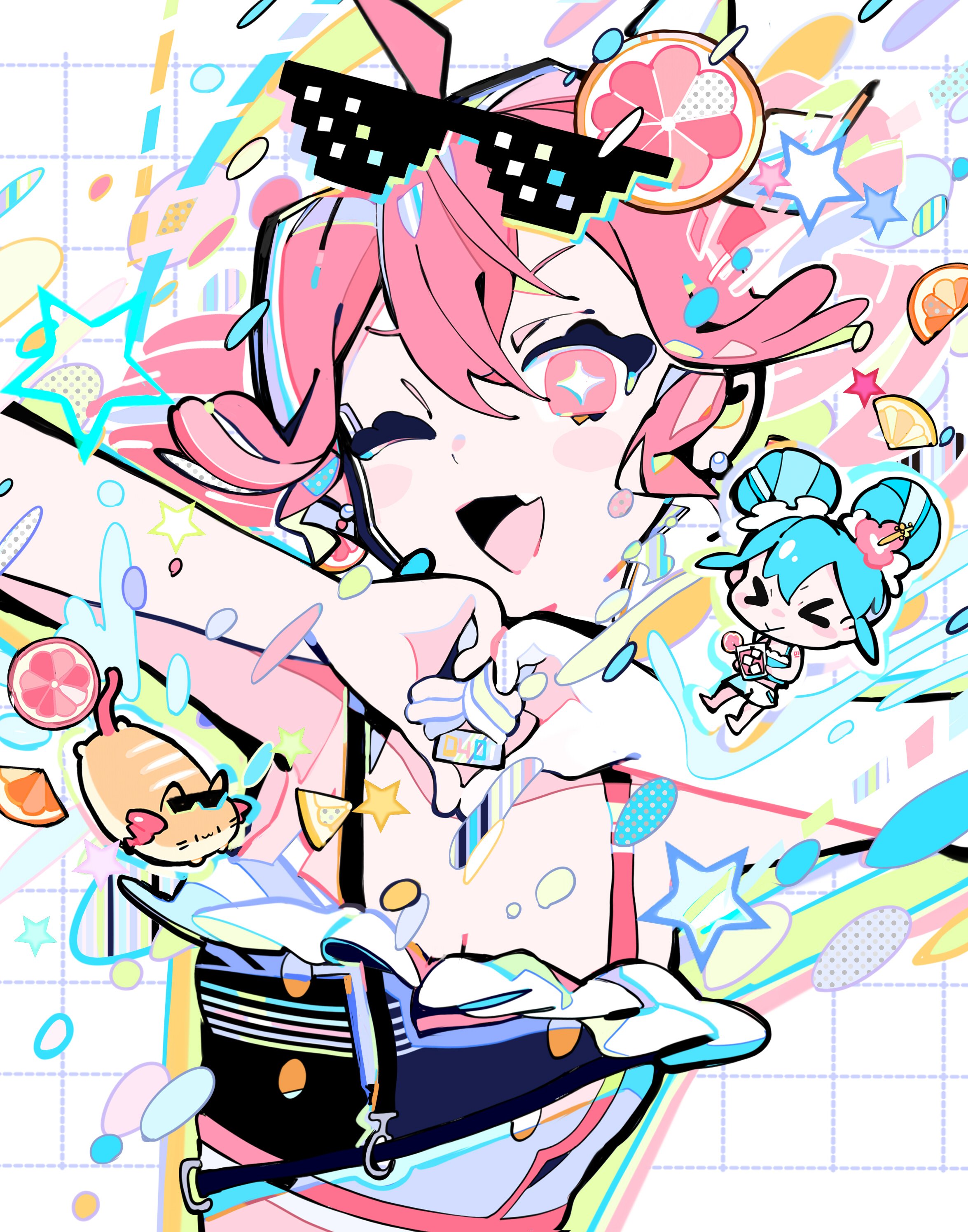 n79oqc3yja6jlof, hatsune miku, kasane teto, utau, vocaloid, absurdres, highres, + +, 2girls, ahoge, bare arms, bare shoulders, bikini, black bikini, blush stickers, bread, breasts, chibi, chibi inset, cleavage, eyewear on head, fang, food, food-themed hair ornament, frilled bikini, frills, grid background, hair ornament, hands up, heart, heart hands, kasane teto (tropipop), lemon hair ornament, looking at viewer, multiple girls, one eye closed, open mouth, pink hair, pixelated, red eyes, red hair, short hair, skin fang, small breasts, smile, solo focus, star (symbol), sunglasses, swimsuit, thumbs down, thumbs down heart hands, upper body, water drop