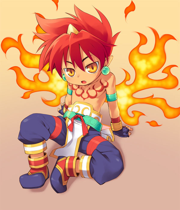 rekka (shinrabanshou), shinrabanshou, 1boy, boots, child, earrings, fang, fingerless gloves, fire, gloves, green eyes, horns, jewelry, loincloth, male focus, pointy ears, red hair, single horn, sitting, solo, tattoo, topless male, yellow eyes
