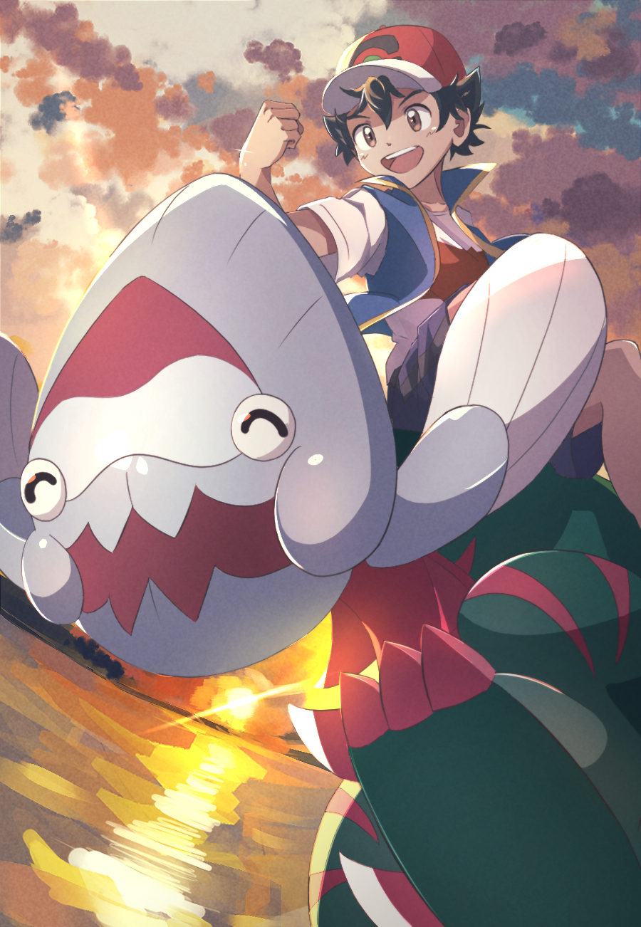 hhm6965, ash ketchum, dracovish, nintendo, pokemon, pokemon (anime), pokemon journeys, commentary request, highres, 1boy, baseball cap, black hair, blue vest, brown eyes, closed eyes, cloud, cloudy sky, gen 8 pokemon, hand up, hat, open clothes, open mouth, open vest, pokemon (creature), red hat, shirt, short hair, short sleeves, sky, smile, sun, teeth, upper teeth only, vest, water, white shirt