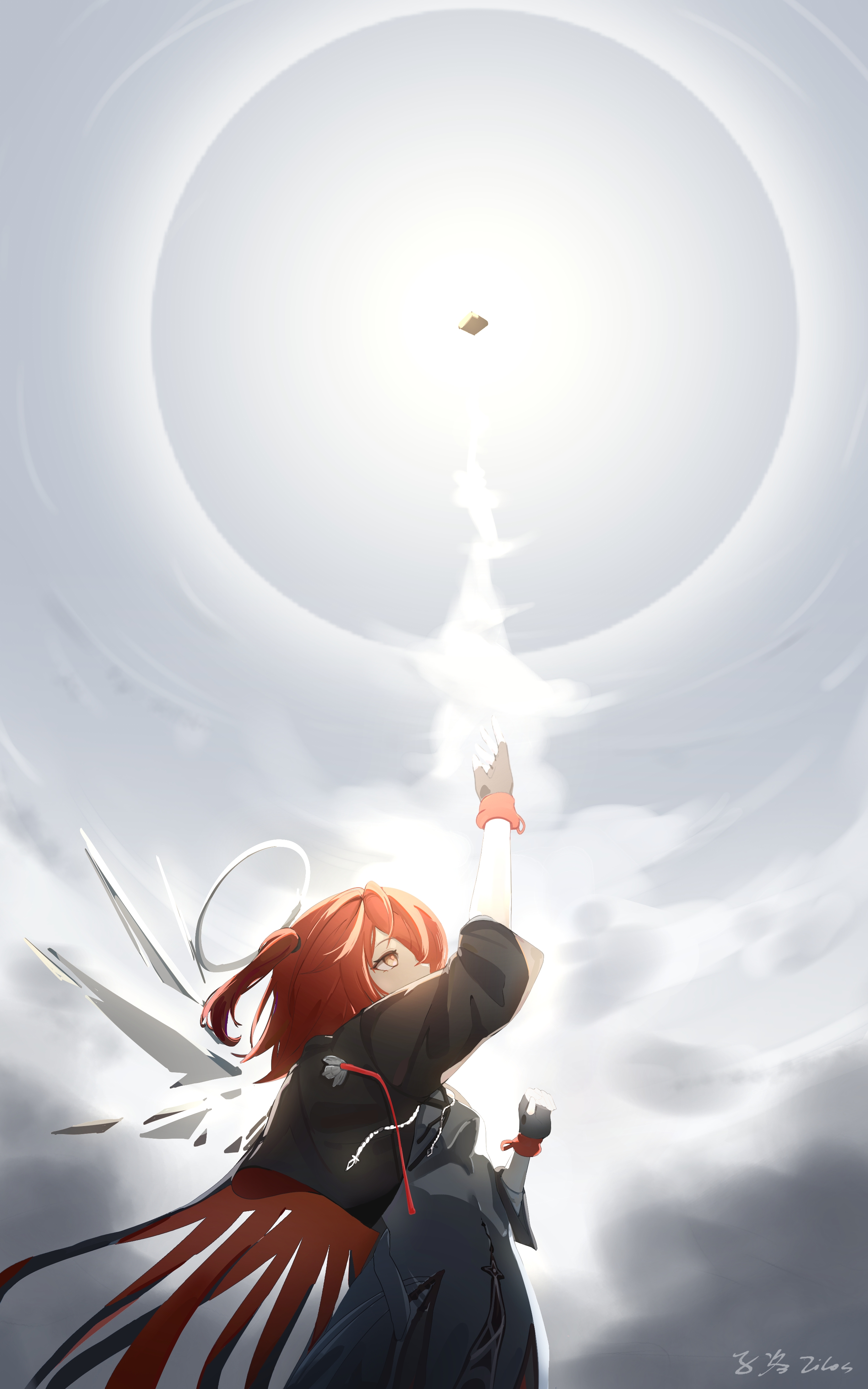 exusiai (arknights), exusiai the new covenant (arknights), arknights, absurdres, chinese commentary, commentary request, highres, 1girl, arm up, black gloves, black jacket, covered mouth, day, detached wings, eclipse, fingerless gloves, gloves, halo, jacket, looking up, one side up, orange hair, outdoors, outstretched arm, short hair, solo, standing, sun, three-quarter sleeves, traditional halo, white halo, wings, yellow eyes, zi luo (zilos)