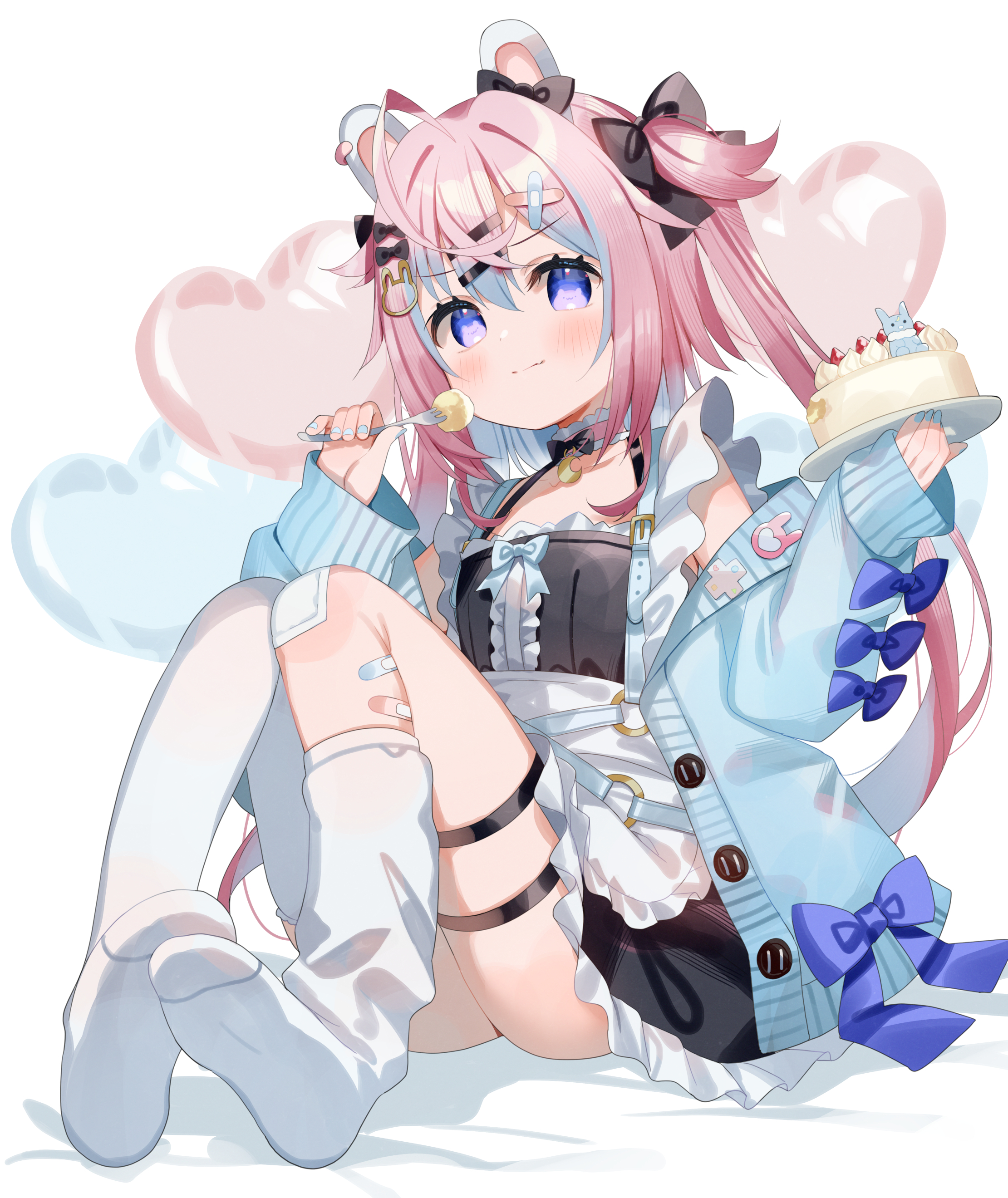 meito (maze), mitsuki shio, indie virtual youtuber, absurdres, commentary, highres, 1girl, ahoge, animal ears, apron, asymmetrical legwear, balloon, bed sheet, black bow, black dress, blue bow, blue hair, blue jacket, blue nails, blush, bow, cake, closed mouth, dress, ear bow, food, fork, frilled apron, frilled dress, frills, fruit, full body, hair between eyes, hair bow, hair ornament, hairclip, heart balloon, holding, holding fork, holding plate, jacket, long hair, long sleeves, looking at viewer, loose socks, multicolored hair, nail polish, no shoes, off shoulder, open clothes, open jacket, pink hair, plate, puffy long sleeves, puffy sleeves, purple eyes, rabbit ears, rabbit hair ornament, single sock, single thighhigh, sitting, sleeveless, sleeveless dress, sleeves past wrists, smile, socks, soles, solo, strawberry, streaked hair, thighhighs, two side up, very long hair, virtual youtuber, white apron, white background, white socks