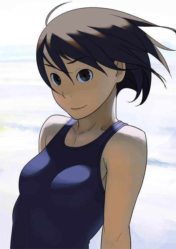 go robots, original, blue one-piece swimsuit, brown hair, one-piece swimsuit, short hair, smile, solo, swimsuit