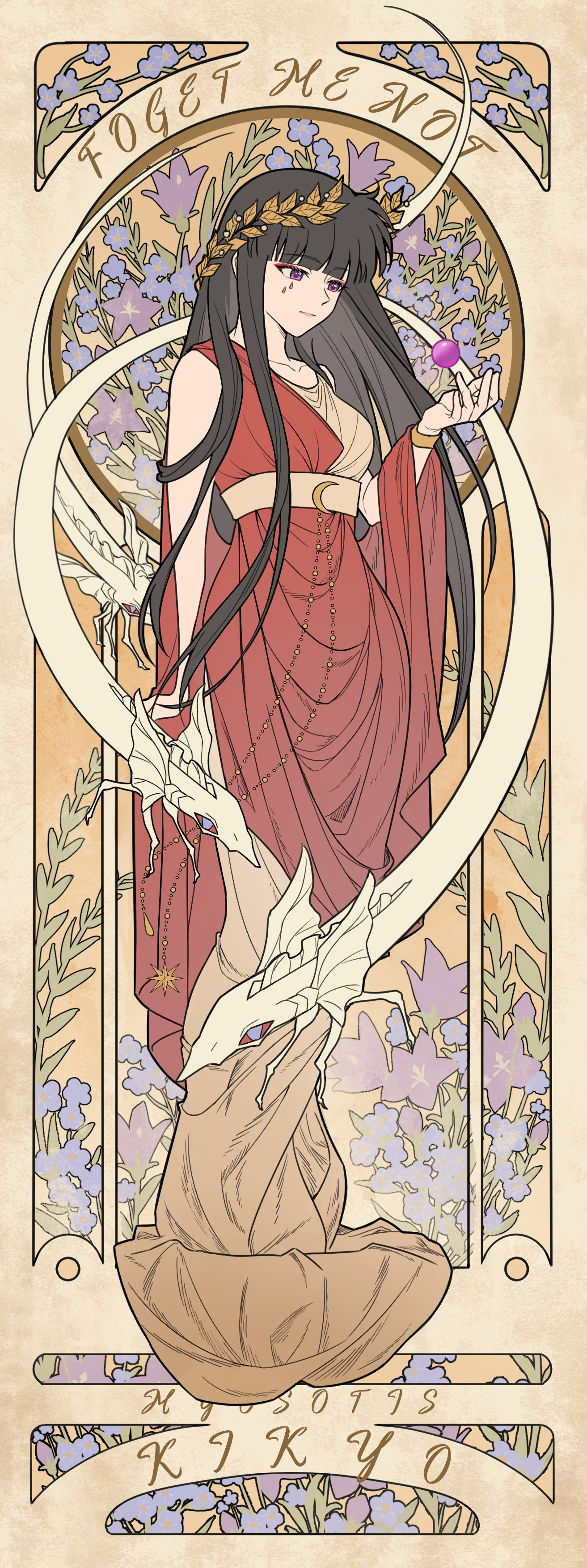 kikyou (inuyasha), shinidamachuu, inuyasha, absurdres, chinese commentary, commentary request, highres, 1girl, art nouveau, bellflower, black hair, blue flower, blunt bangs, character name, chinese bellflower, closed mouth, dress, floating, floating object, flower, forget-me-not (flower), hair ornament, leaf hair ornament, long dress, long hair, miao ao ao, purple eyes, purple flower, red dress, solo, teardrop facial mark, very long hair, yellow dress
