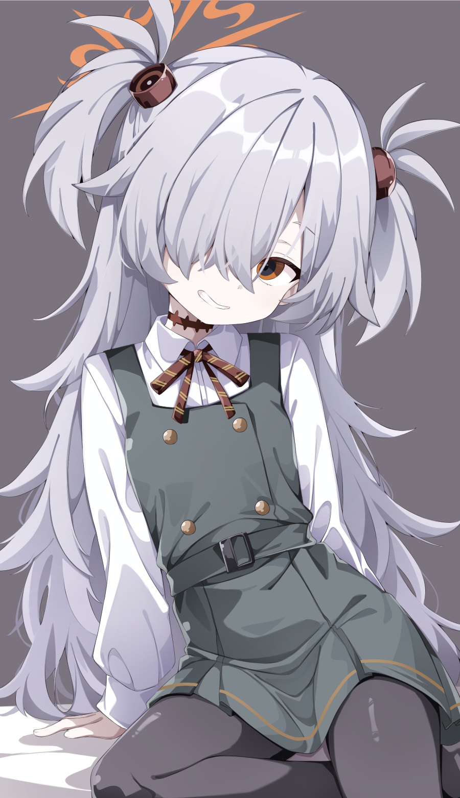 sabana, kanoe (blue archive), blue archive, highres, 1girl, black pantyhose, breasts, dress, grey hair, hair over one eye, halo, long hair, looking at viewer, pantyhose, small breasts, smile, solo