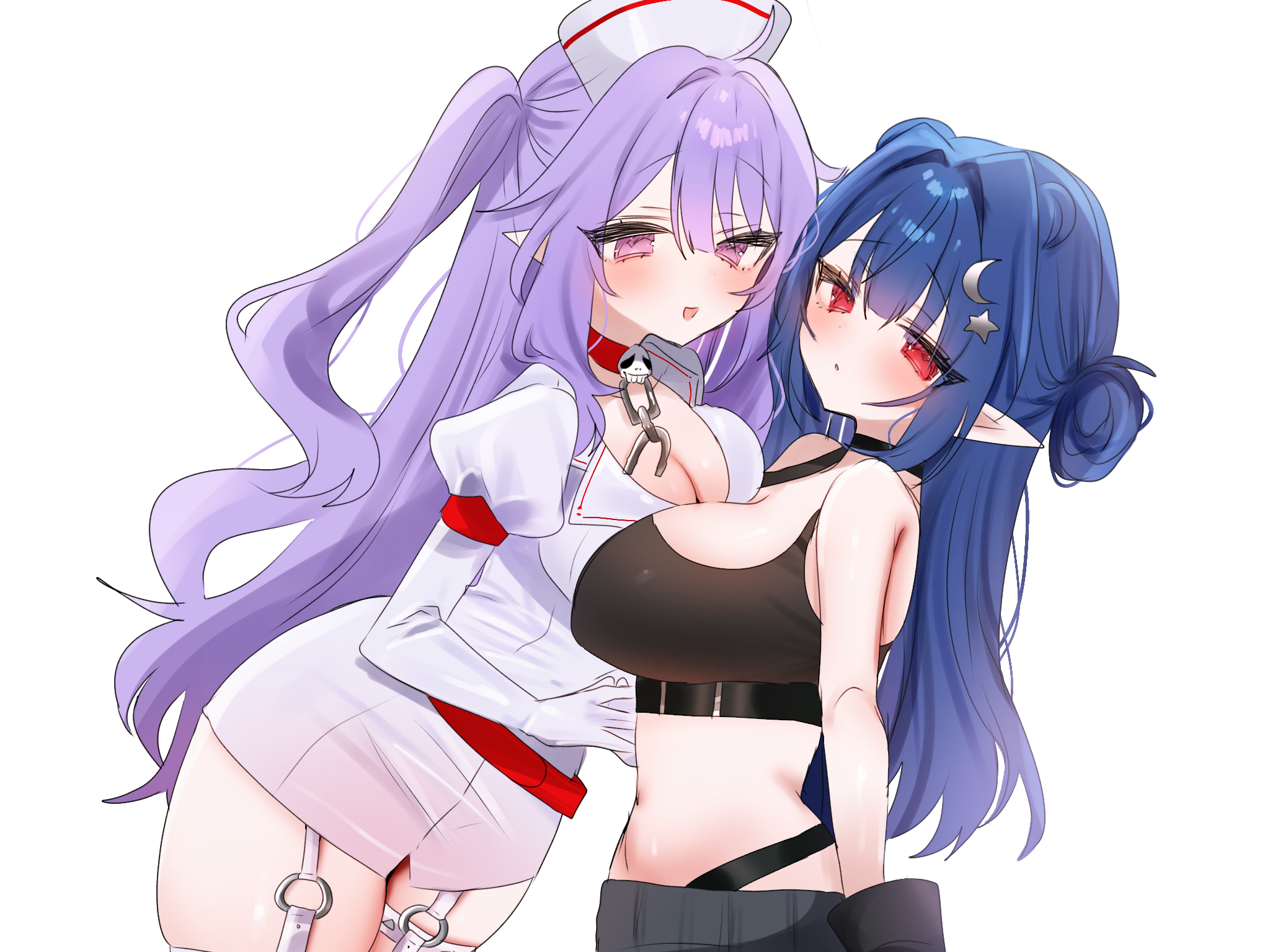 imooishiizo, dizzy dokuro, dizzy dokuro (nurse), eepy sleepy, eepy sleepy (sleepy 2.0), phase connect, highres, black sports bra, blue hair, breast press, breasts, choker, cosplay, costume switch, crescent, crescent hair ornament, dress, elbow gloves, garter straps, gloves, hair bun, hair ornament, hat, long hair, nurse, nurse cap, o-ring, pointy ears, purple eyes, purple hair, red choker, red eyes, short dress, skull ornament, sports bra, star (symbol), star hair ornament, symmetrical docking, virtual youtuber, white dress, white garter straps, white gloves