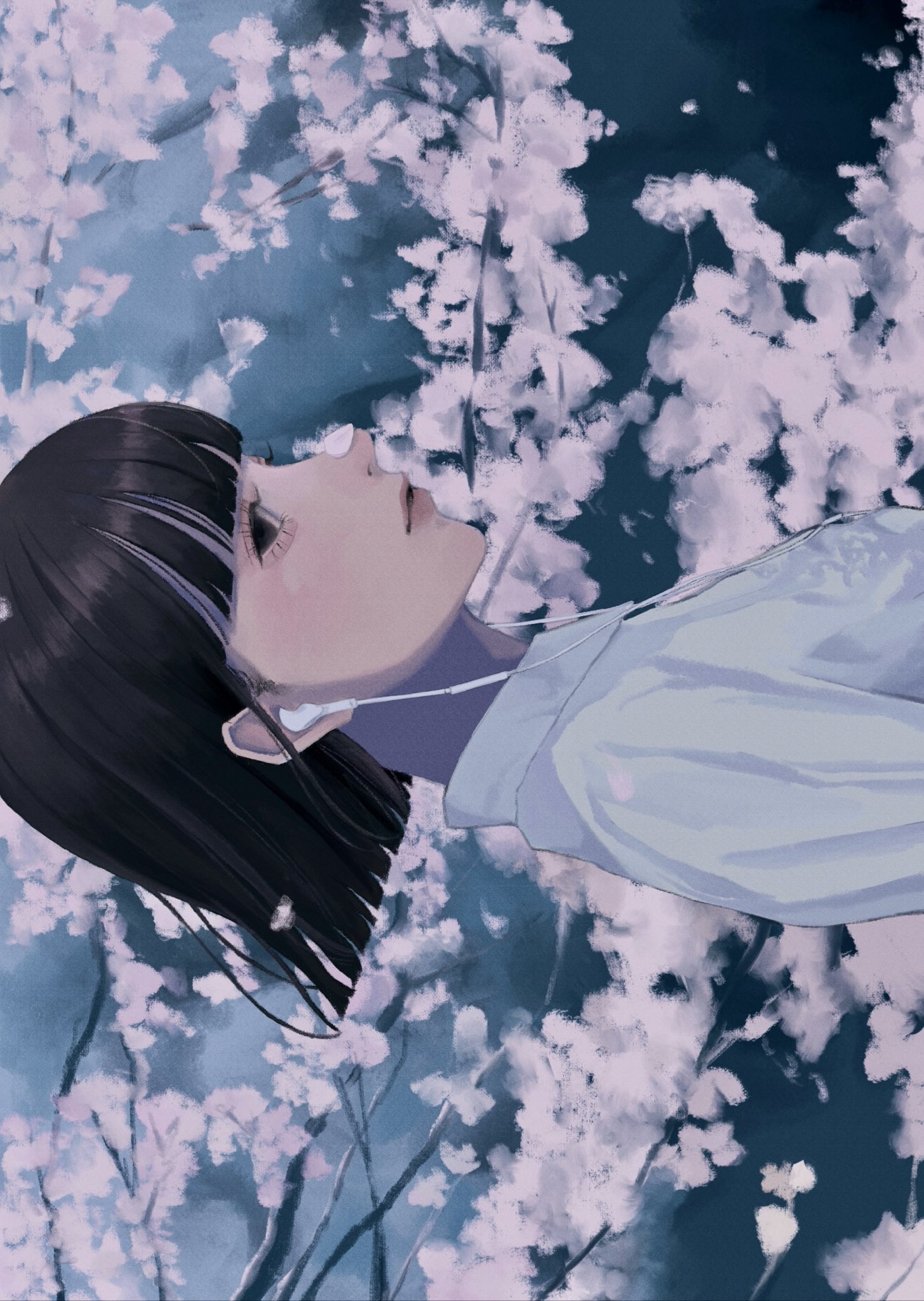 original, highres, 1girl, black eyes, black hair, cherry blossoms, closed mouth, earphones, outdoors, petal on face, petals, reeere22, solo, standing