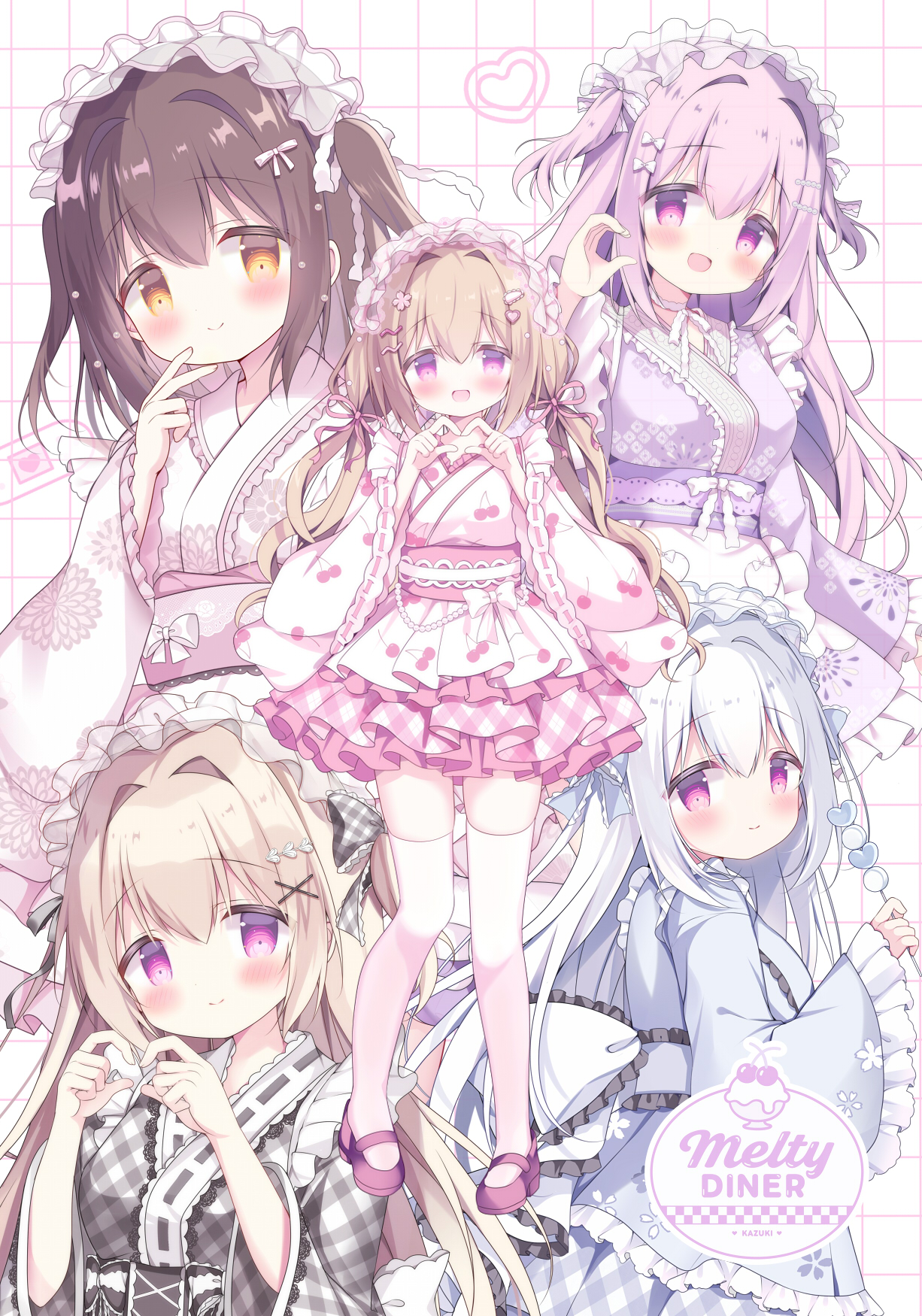 azumi kazuki, original, commentary request, highres, 5girls, :d, blush, bow, breasts, brown eyes, brown hair, cherry print, food print, frilled sleeves, frills, fruit print, grey kimono, grid background, hair between eyes, hair bow, hair intakes, hair ornament, hairclip, heart, heart hands, holding, japanese clothes, kimono, long sleeves, medium breasts, multiple girls, obi, open mouth, pink hair, pink skirt, plaid clothes, plaid kimono, plaid skirt, pleated skirt, print kimono, purple eyes, purple kimono, purple shoes, ribbon-trimmed sleeves, ribbon trim, sash, shoes, skirt, smile, striped bow, thighhighs, two side up, white background, white kimono, white thighhighs, wide sleeves, x hair ornament