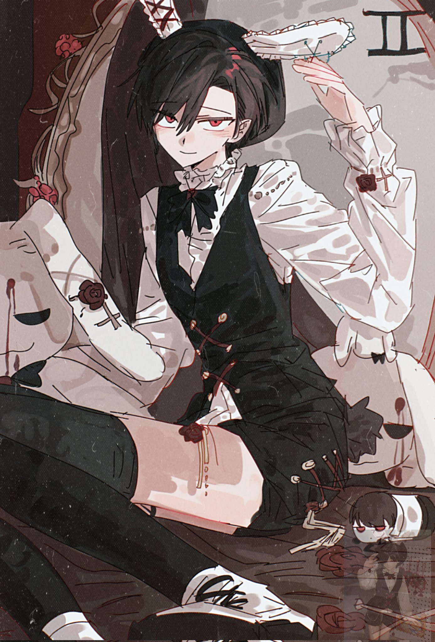 ooe (game), highres, 1boy, animal ears, ariake (ooe), black bow, black bowtie, black hair, black shorts, black thighhighs, black vest, bow, bowtie, clock, closed mouth, fake animal ears, flower, frills, hat, long sleeves, looking at viewer, male focus, ouji fashion, rabbit ears, red eyes, red flower, red rose, rose, shirt, shoes, short hair, shorts, sitting, smile, solo, stuffed toy, thighhighs, vest, white shirt, yigemoming2333
