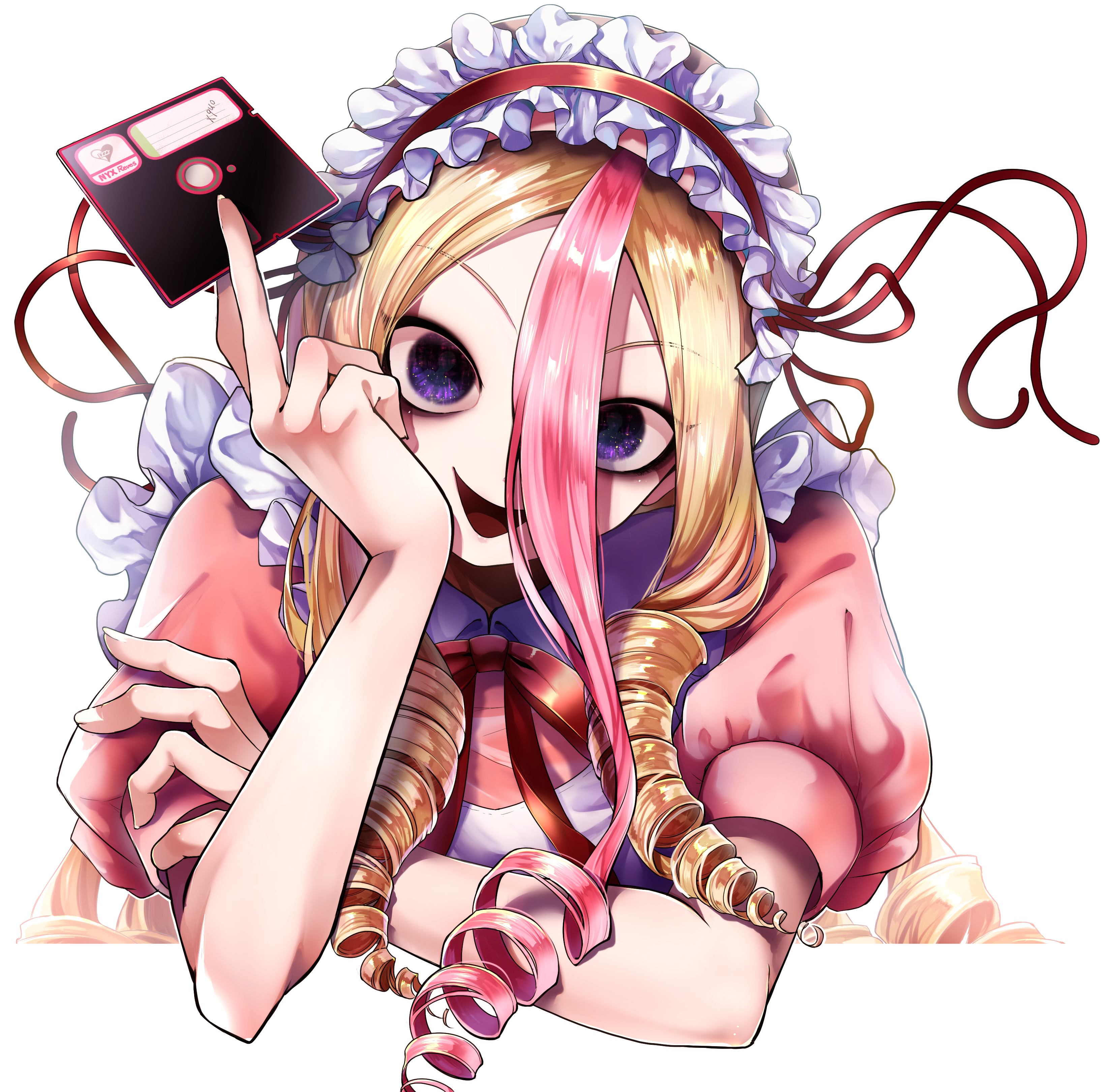 zassou (ukjpn), tanba toshio, indie virtual youtuber, absurdres, highres, 1girl, apron, blonde hair, blue eyes, dress, floppy disk, hairband, long hair, multicolored hair, neck ribbon, pink dress, pink hair, ribbon, two-tone hair, virtual youtuber