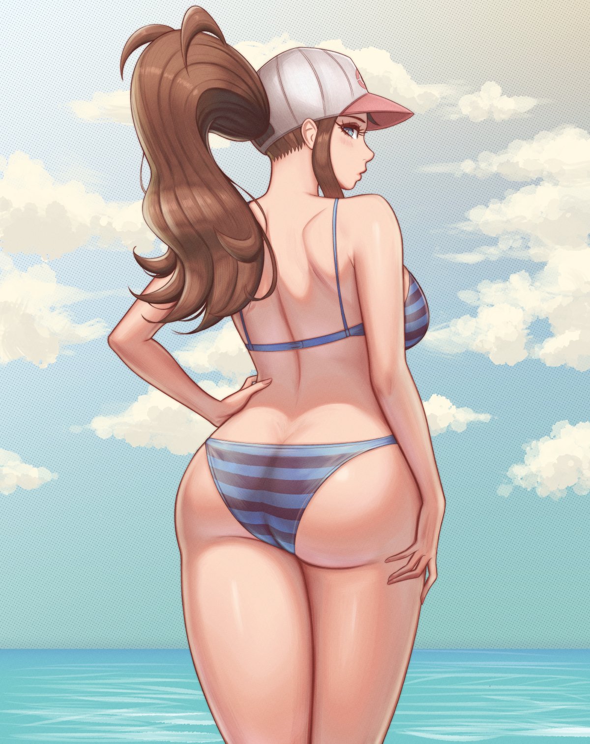 carrion art, hilda (pokemon), nintendo, pokemon, pokemon bw, highres, 1girl, ass, back, bare shoulders, baseball cap, bikini, black bikini, blue bikini, blue eyes, blue sky, breasts, brown hair, cloud, hat, high ponytail, large breasts, long hair, looking at viewer, looking back, ocean, outdoors, ponytail, sideboob, sidelocks, sky, solo, striped bikini, striped clothes, swimsuit, water