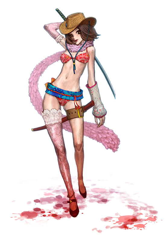 dattosan, aya (oneechanbara), oneechanbara, 1girl, asymmetrical clothes, bikini, blood, brown eyes, brown hair, cowboy hat, cowboy western, elbow gloves, feather boa, female focus, full body, gloves, hat, scarf, sheath, single elbow glove, single glove, single thighhigh, solo, standing, swimsuit, sword, thigh strap, thighhighs, weapon