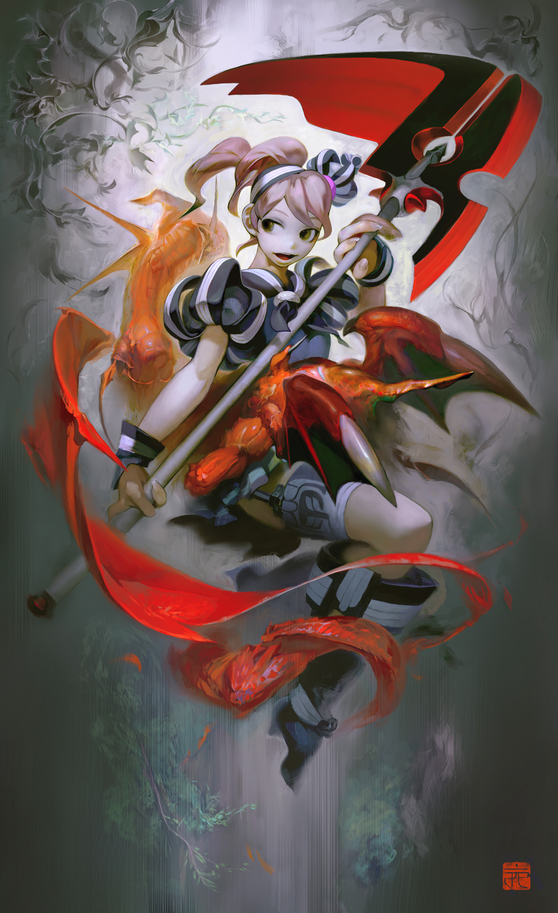 tokiya, original, bad id, bad pixiv id, highres, dragon wings, pink hair, scythe, solo, weapon, wings, yellow eyes