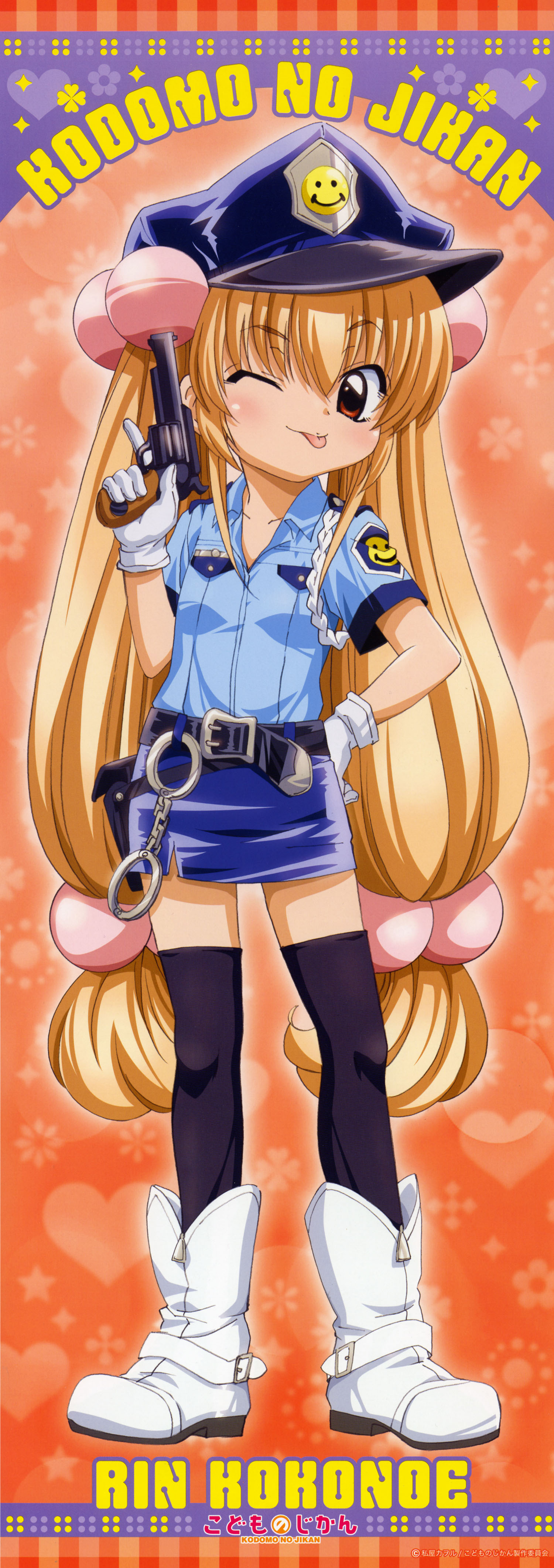 kokonoe rin, kodomo no jikan, absurdres, highres, long image, official art, tall image, 1girl, :p, character name, child, copyright name, cosplay, female focus, gun, hair bobbles, hair ornament, long hair, one eye closed, police, police uniform, policewoman, poster (medium), solo, thighhighs, tongue, tongue out, very long hair, weapon, wink