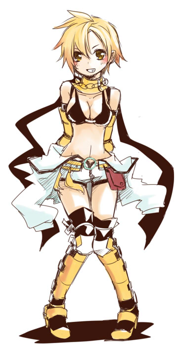 kiri nada, mechanic (ragnarok online), ragnarok online, commentary request, 1girl, armor, armored boots, arms behind back, bikini, bikini top only, black bikini, blonde hair, blush, boots, breasts, full body, grin, jumpsuit, jumpsuit around waist, looking at viewer, medium breasts, midriff, navel, pigeon-toed, short hair, simple background, smile, solo, swimsuit, white background, white jumpsuit, yellow armor, yellow eyes