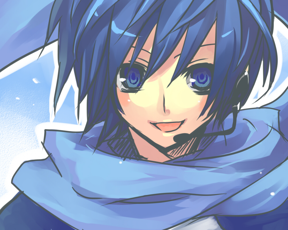 kaito (vocaloid), vocaloid, 1boy, blue eyes, blue hair, headset, male focus, matching hair/eyes, scarf, sketch, solo