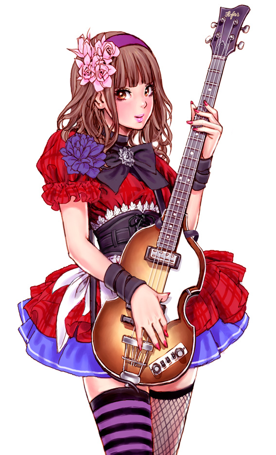 yamashita shun'ya, original, bad id, bad pixiv id, 1girl, bass guitar, bow, brown hair, corset, curly hair, dress, dress flower, female focus, flower, guitar, hairband, instrument, nail polish, pink nails, solo, thighhighs
