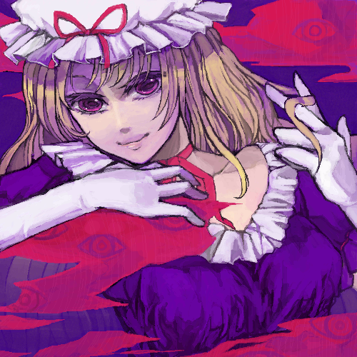 xero, yakumo yukari, touhou, lowres, 1girl, blonde hair, closed mouth, collar, collarbone, female focus, frills, gloves, hat, hat ribbon, long sleeves, looking at viewer, mob cap, purple eyes, ribbon, smile, solo, white gloves