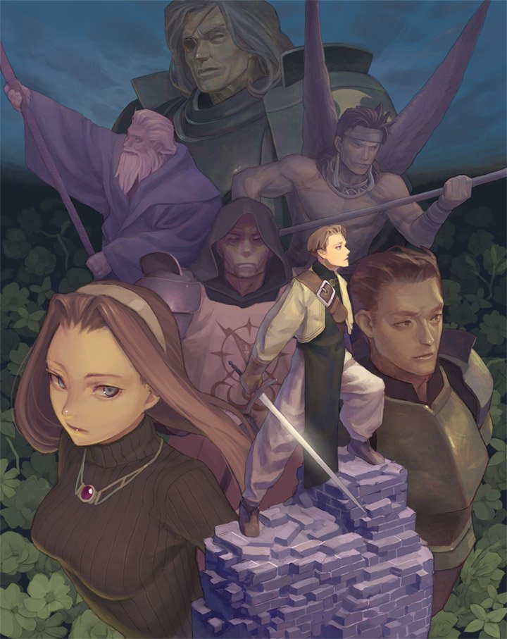 on4ce, canopus wolff, canopus wolph, catiua powell, denim powell, kachua powell, lans hamilton, lans tartare, vice bozeg, warren moons, artdink, tactics ogre, 1girl, 6+boys, cape, closed mouth, collarbone, everyone, expressionless, glint, holding, holding sword, holding weapon, long hair, looking at viewer, monster, multiple boys, short hair, sword, topless female, unsheathed, very long hair, very short hair, weapon