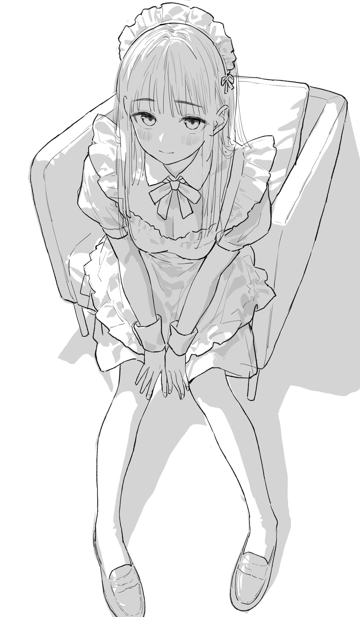 akipeko, original, highres, 1girl, apron, breasts, cleavage, closed mouth, full body, greyscale, long hair, looking at viewer, maid, maid apron, medium breasts, monochrome, puffy short sleeves, puffy sleeves, shadow, shoes, short sleeves, simple background, sitting, smile, solo, white background
