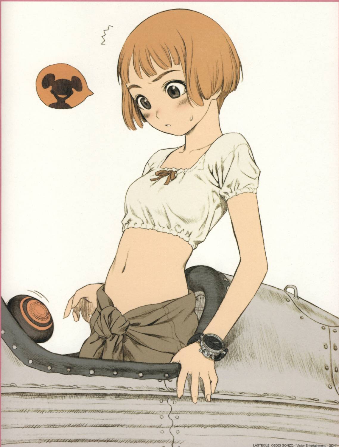 murata range, alvis hamilton, lavie head, last exile, highres, 2girls, aircraft, black eyes, blunt bangs, bob cut, breasts, brown jumpsuit, bun cover, collarbone, double bun, hair bun, jumpsuit, light blush, looking at another, midriff, multiple girls, navel, orange hair, parted lips, red ribbon, ribbon, short hair, simple background, small breasts, speech bubble, upper body, watch, white background, wristwatch