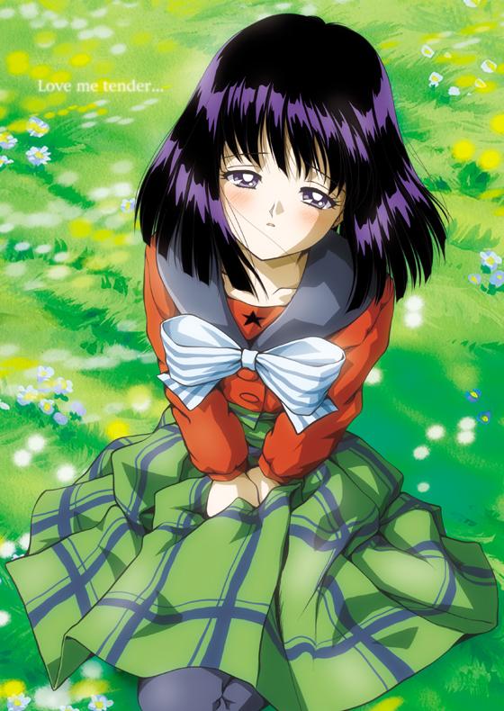 hino ryutaro, tomoe hotaru, bishoujo senshi sailor moon, bishoujo senshi sailor moon s, toei company, 1990s (style), 1girl, black hair, black pantyhose, blouse, blue pantyhose, blush, bob cut, dress, english text, female focus, half-closed eyes, kneeling, mugen gakuen school uniform, pantyhose, plaid clothes, plaid skirt, purple eyes, purple hair, purple pantyhose, red shirt, retro artstyle, school uniform, serafuku, shirt, short hair, sitting, skirt, solo