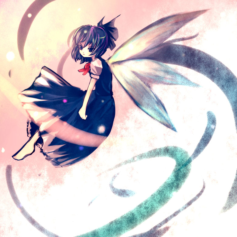 cirno, phantasmagoria of flower view, touhou, 1girl, barefoot, blue dress, blue eyes, blue hair, bow, circled 9, dress, female focus, flying, frown, hair bow, ice, ice wings, matching hair/eyes, puffy short sleeves, puffy sleeves, red bow, red ribbon, ribbon, short hair, short sleeves, solo, wings