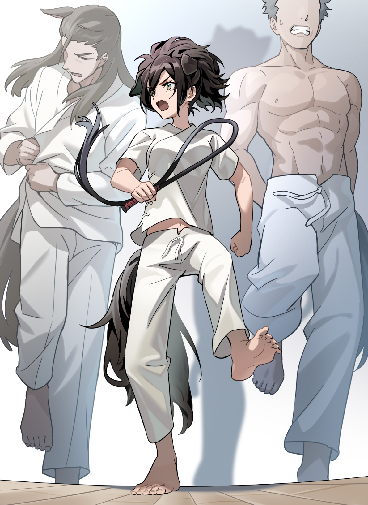 liang chan xing make tu, arknights, highres, 1girl, 3boys, animal ears, annoyed, banbi, barefoot, black hair, chinese clothes, clenched teeth, closed eyes, dog ears, dog girl, dog tail, fang, full body, green eyes, hair between eyes, high ponytail, holding, holding whip, horse boy, junior drillmaster (arknights), leg up, long hair, midriff peek, multiple boys, no eyes, open mouth, pain, pants, ponytail, running, short hair, short sleeves, sweat, tail, teeth, topless male, whip, white pants, wooden floor